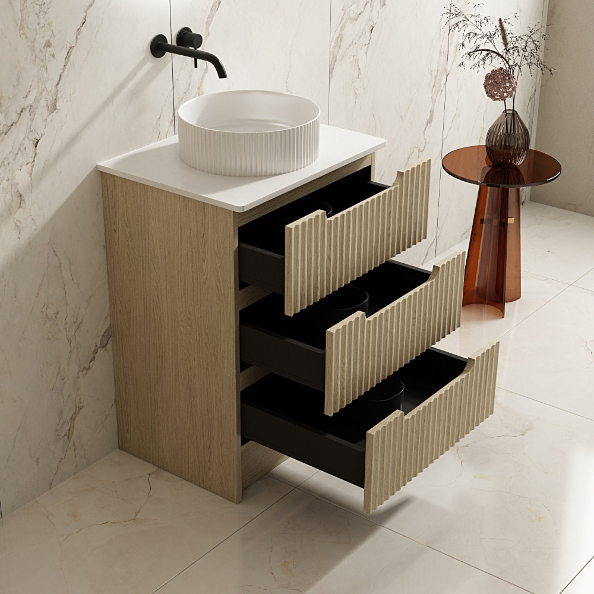 MERCIO RHEA FLUTED NATURAL OAK 600MM SINGLE BOWL FLOOR STANDING VANITY