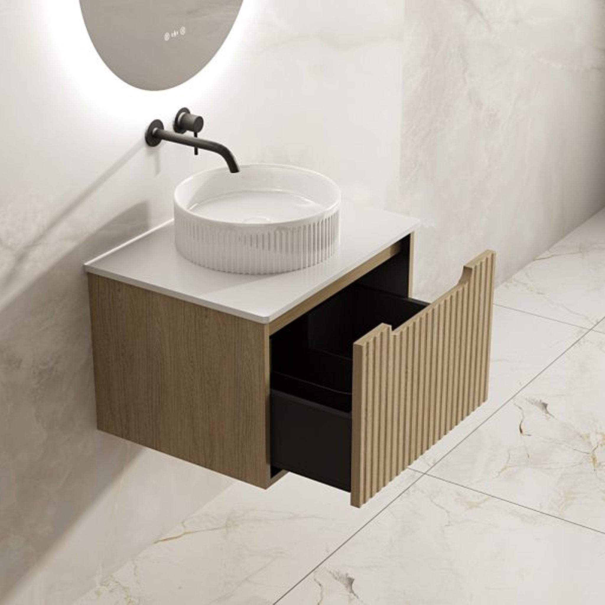 MERCIO RHEA FLUTED NATURAL OAK 600MM SINGLE BOWL WALL HUNG VANITY