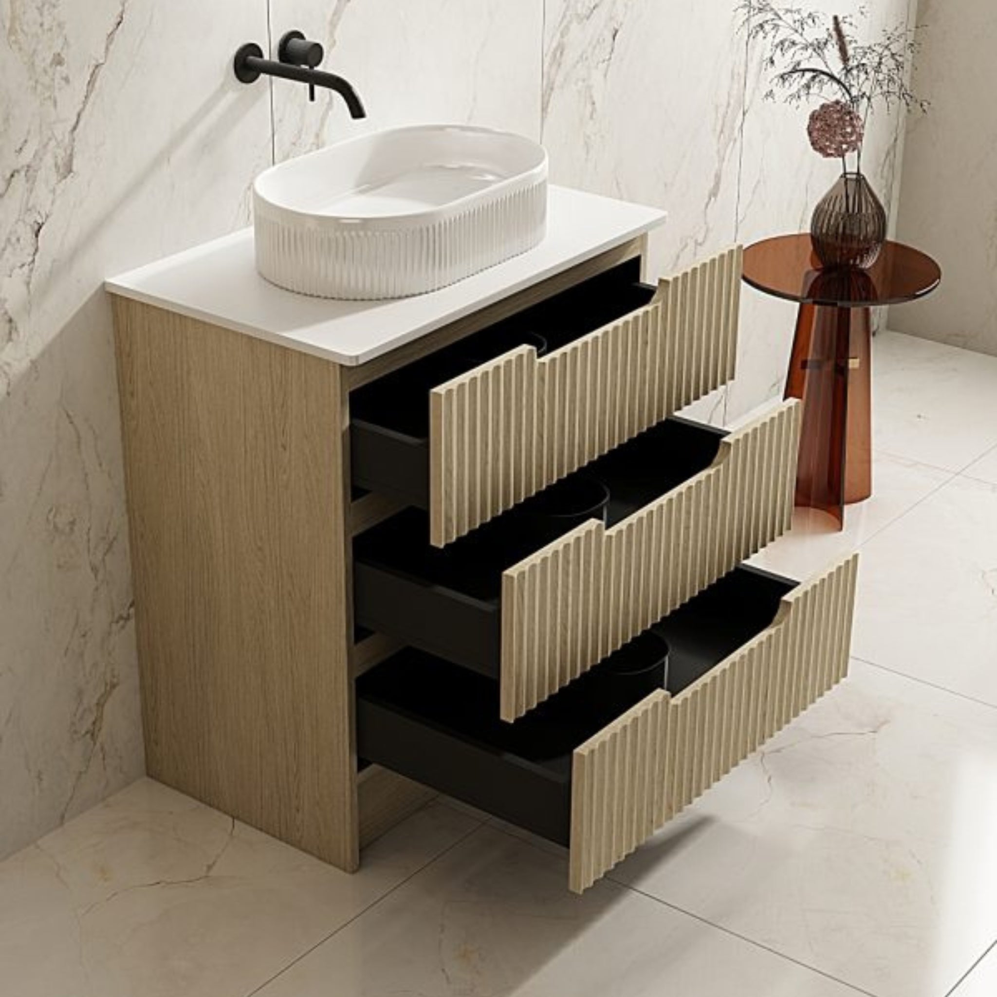 MERCIO RHEA FLUTED NATURAL OAK 750MM SINGLE BOWL FLOOR STANDING VANITY