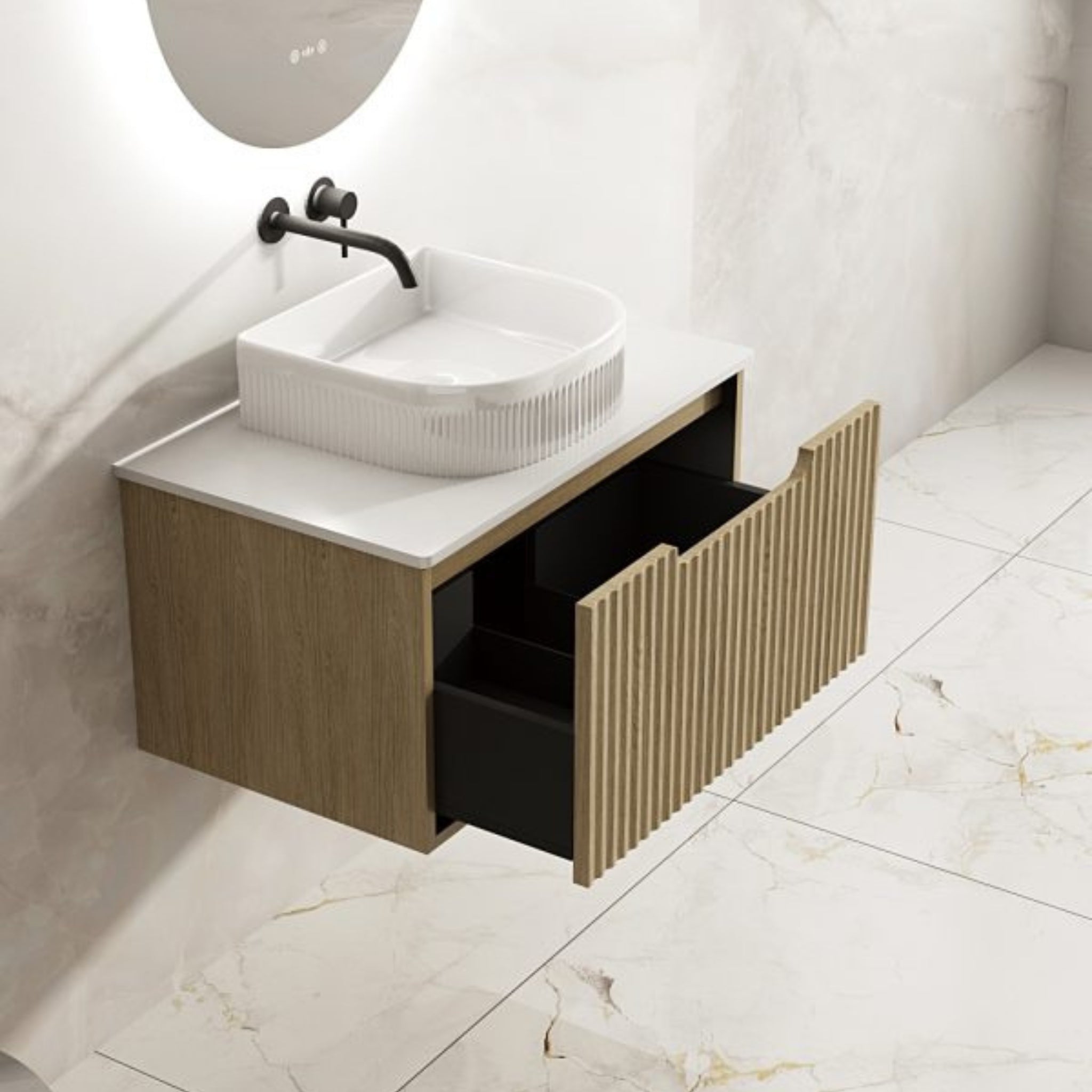 MERCIO RHEA FLUTED NATURAL OAK 750MM SINGLE BOWL WALL HUNG VANITY