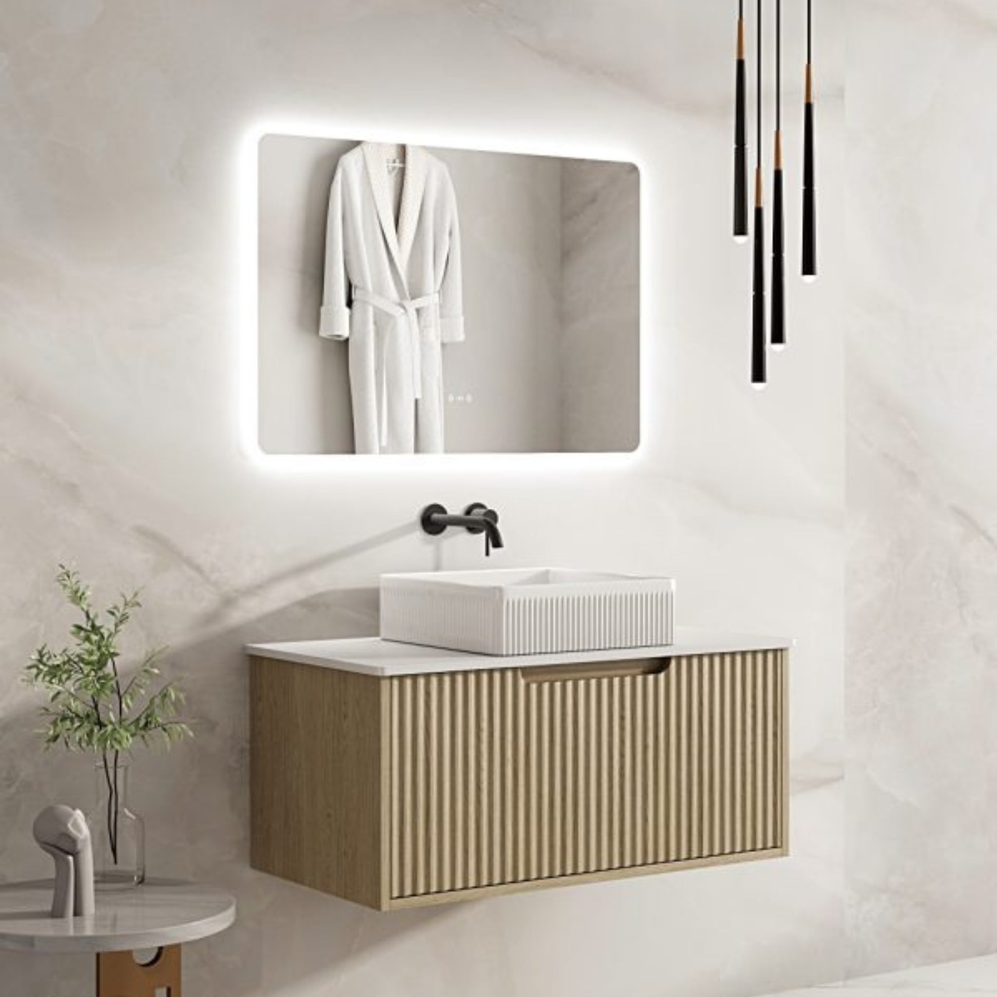 MERCIO RHEA FLUTED NATURAL OAK 900MM SINGLE BOWL WALL HUNG VANITY