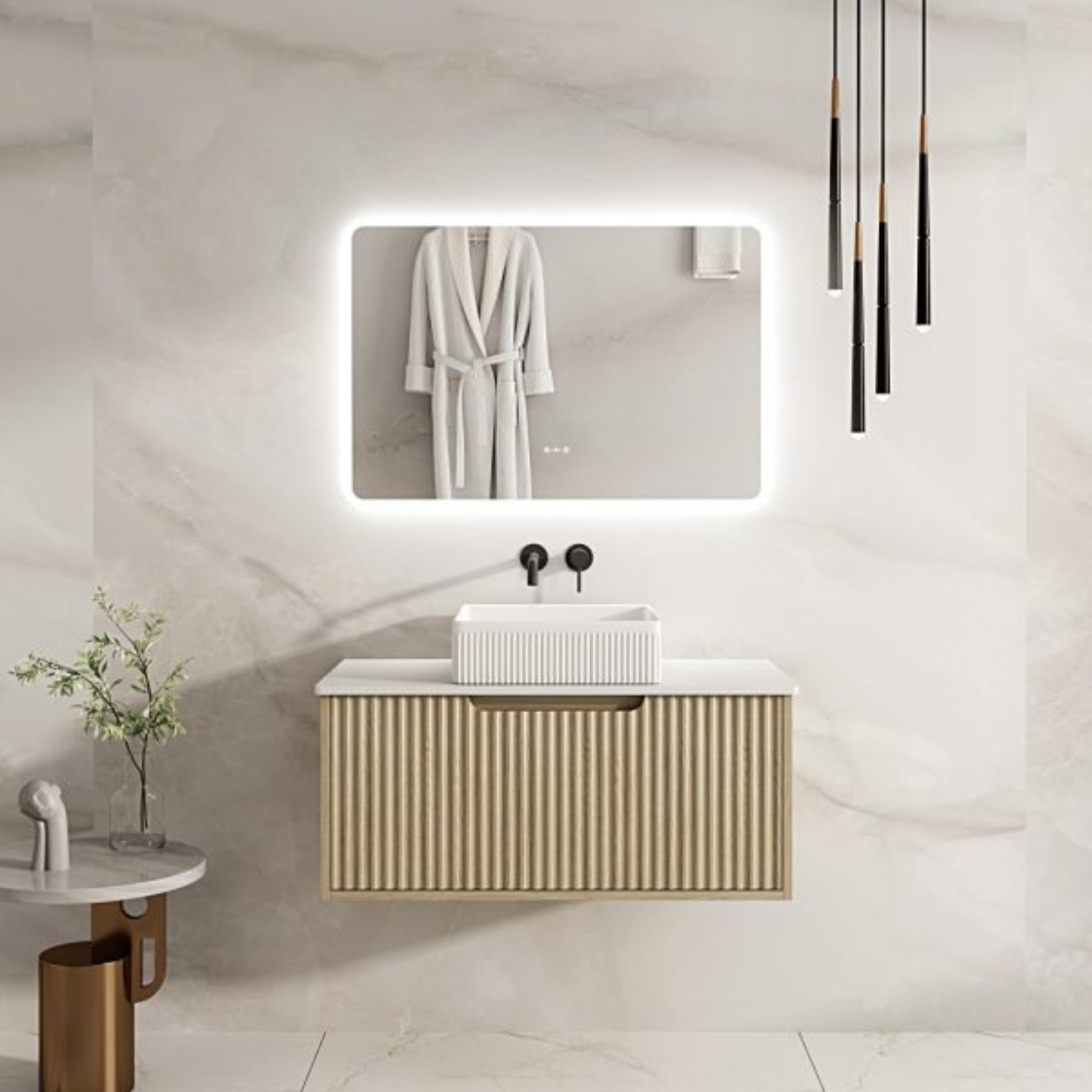 MERCIO RHEA FLUTED NATURAL OAK 900MM SINGLE BOWL WALL HUNG VANITY