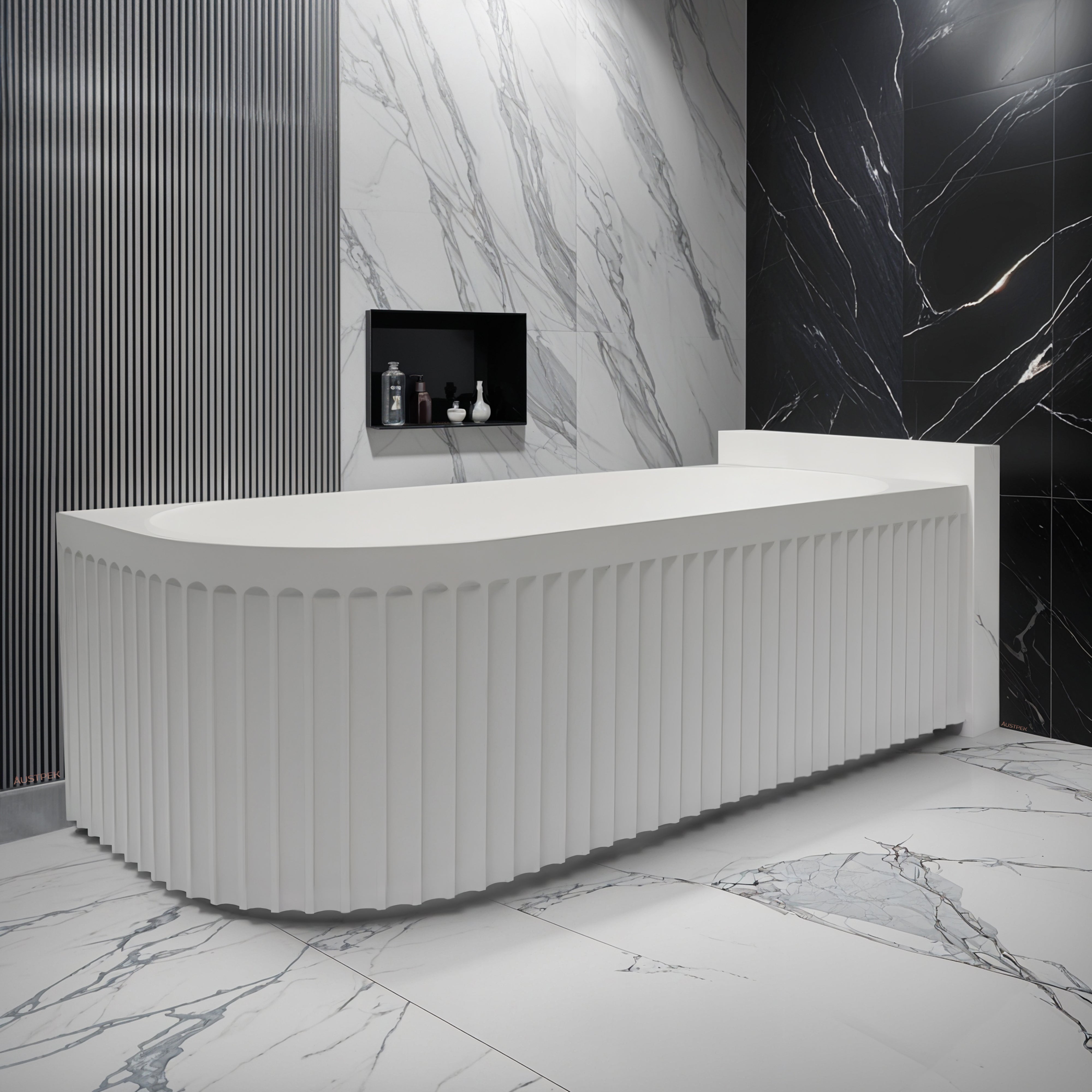 RIVA ROMA FLUTED RIGHT CORNER BATHTUB MATTE WHITE (AVAILABLE IN 1500MM AND 1700MM)