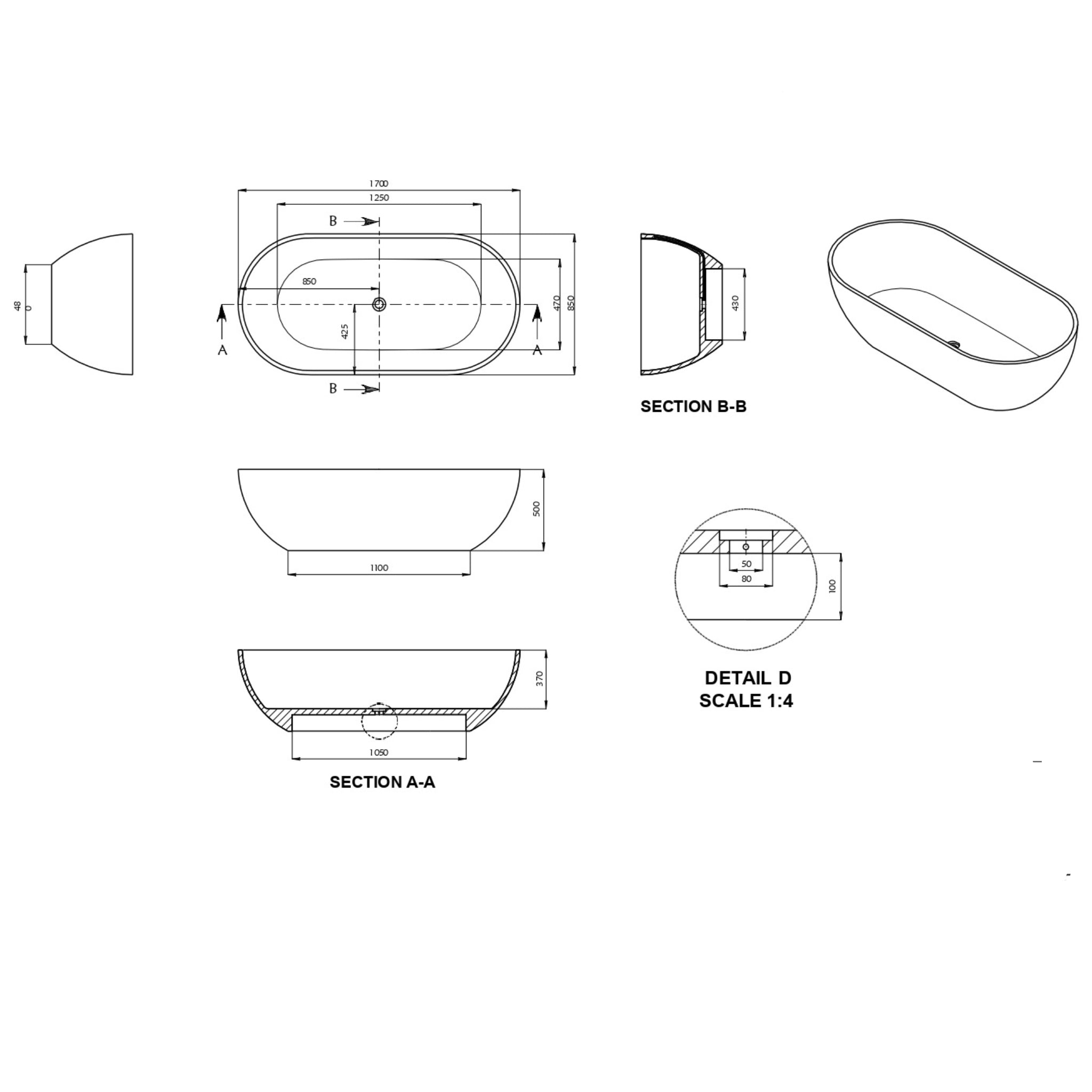 KASKADE AVEO FREESTANDING STONE BATHTUB (AVAILABLE IN 1500MM, 1700MM AND 1780MM)