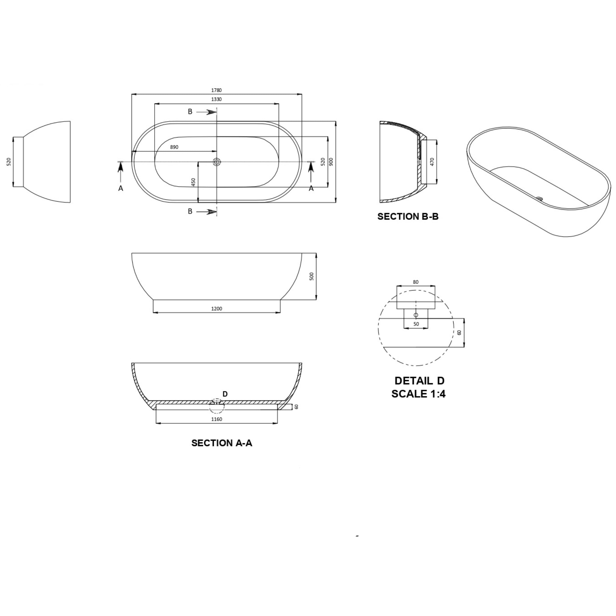 KASKADE AVEO FREESTANDING STONE BATHTUB (AVAILABLE IN 1500MM, 1700MM AND 1780MM)