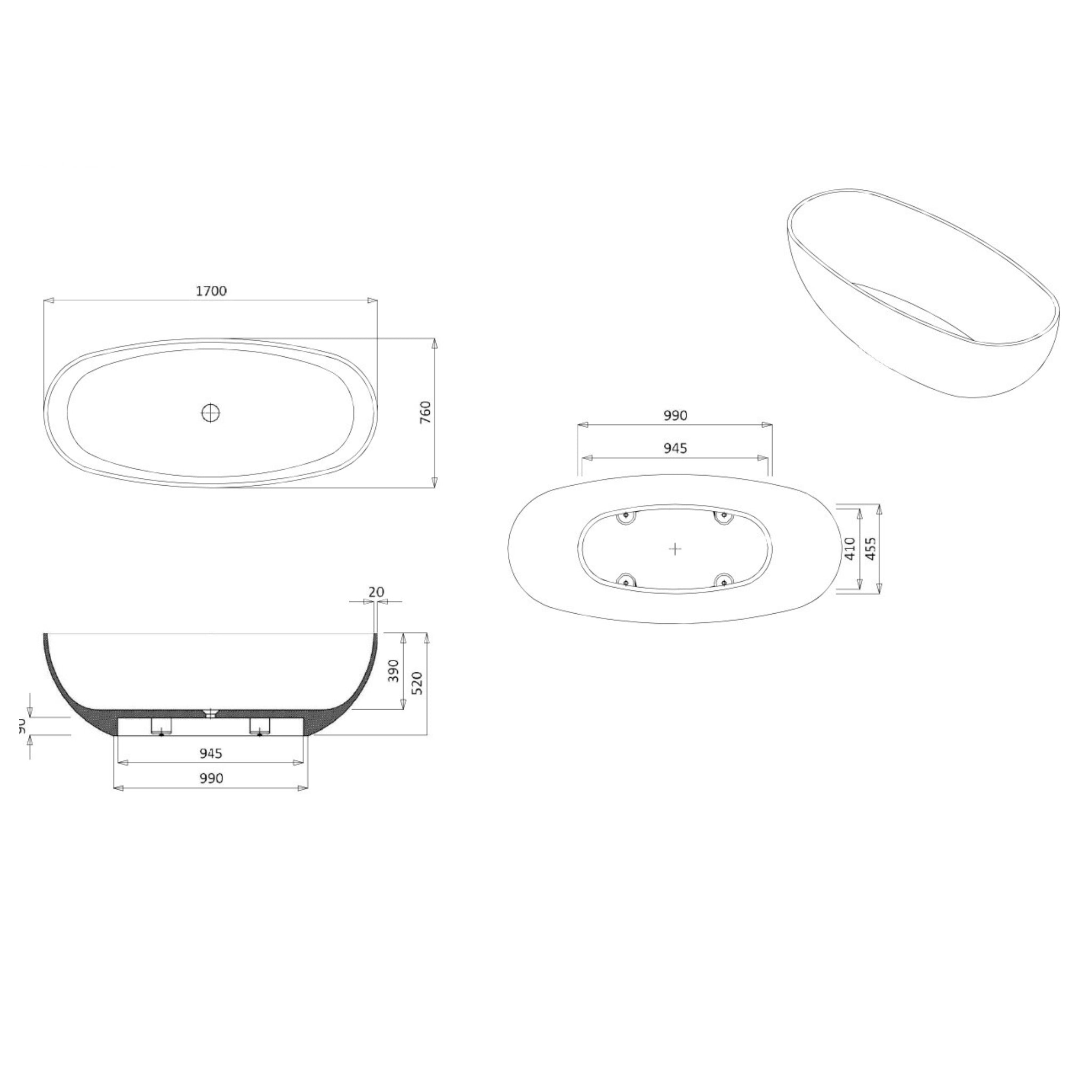 STONEHAVEN SANCTUARY FREESTANDING STONE BATHTUB MATTE WHITE 1700MM