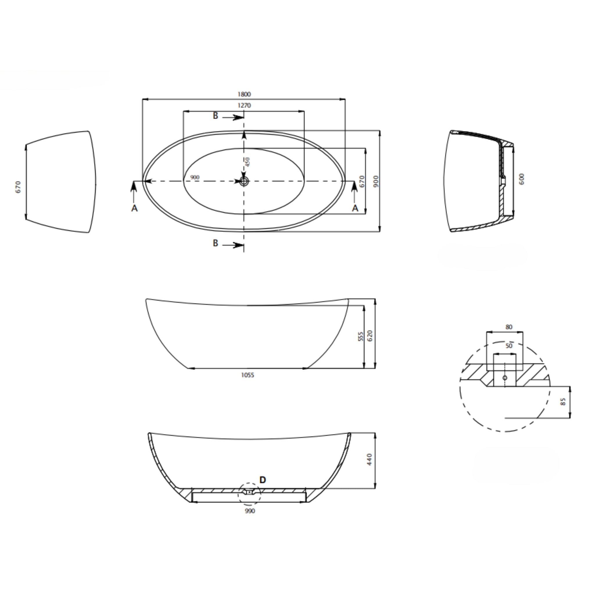 STONEHAVEN ARTISIA FREESTANDING STONE BATHTUB MATTE WHITE 1800MM