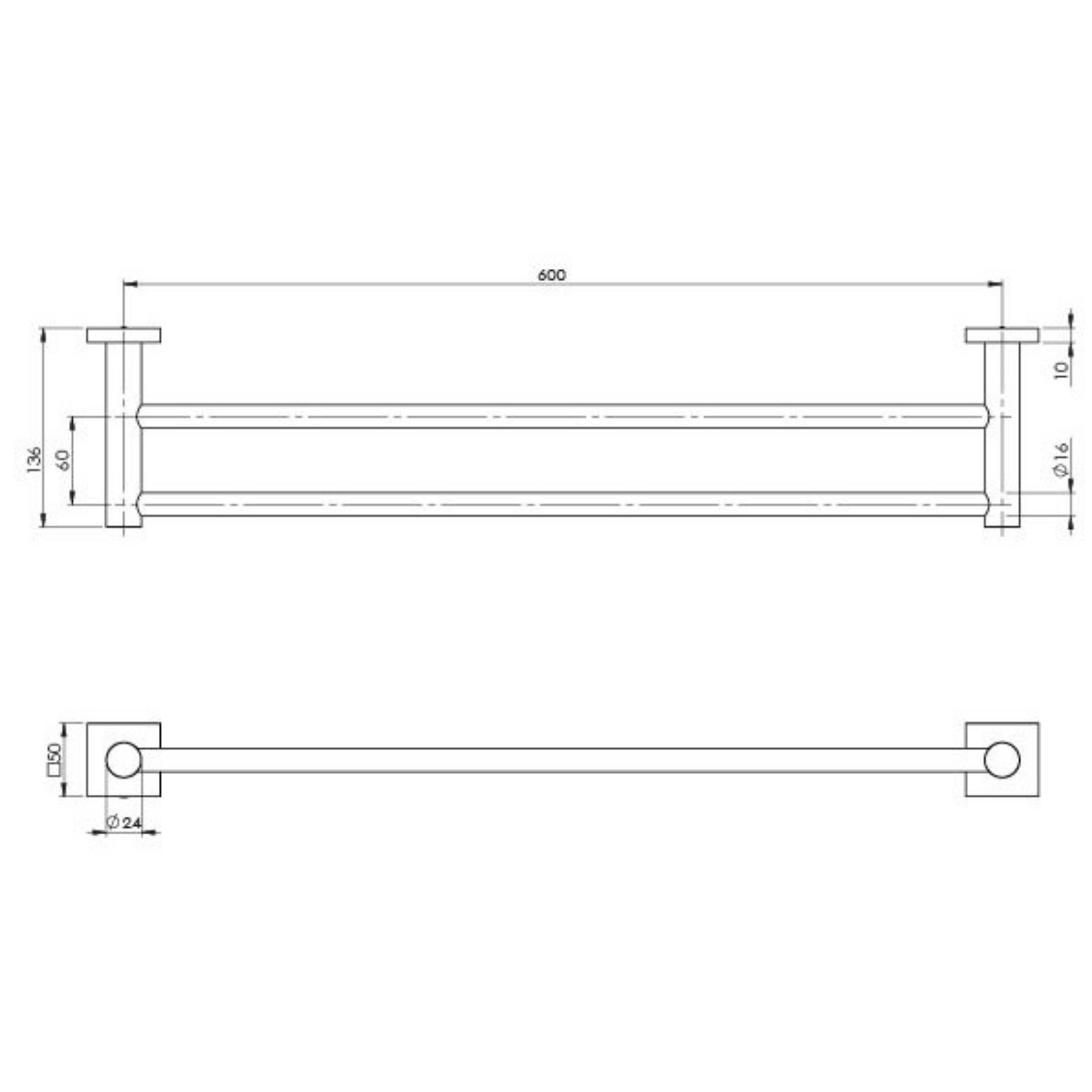 PHOENIX RADII DOUBLE NON-HEATED TOWEL RAIL SQUARE PLATE BRUSHED CARBON 600MM AND 800MM