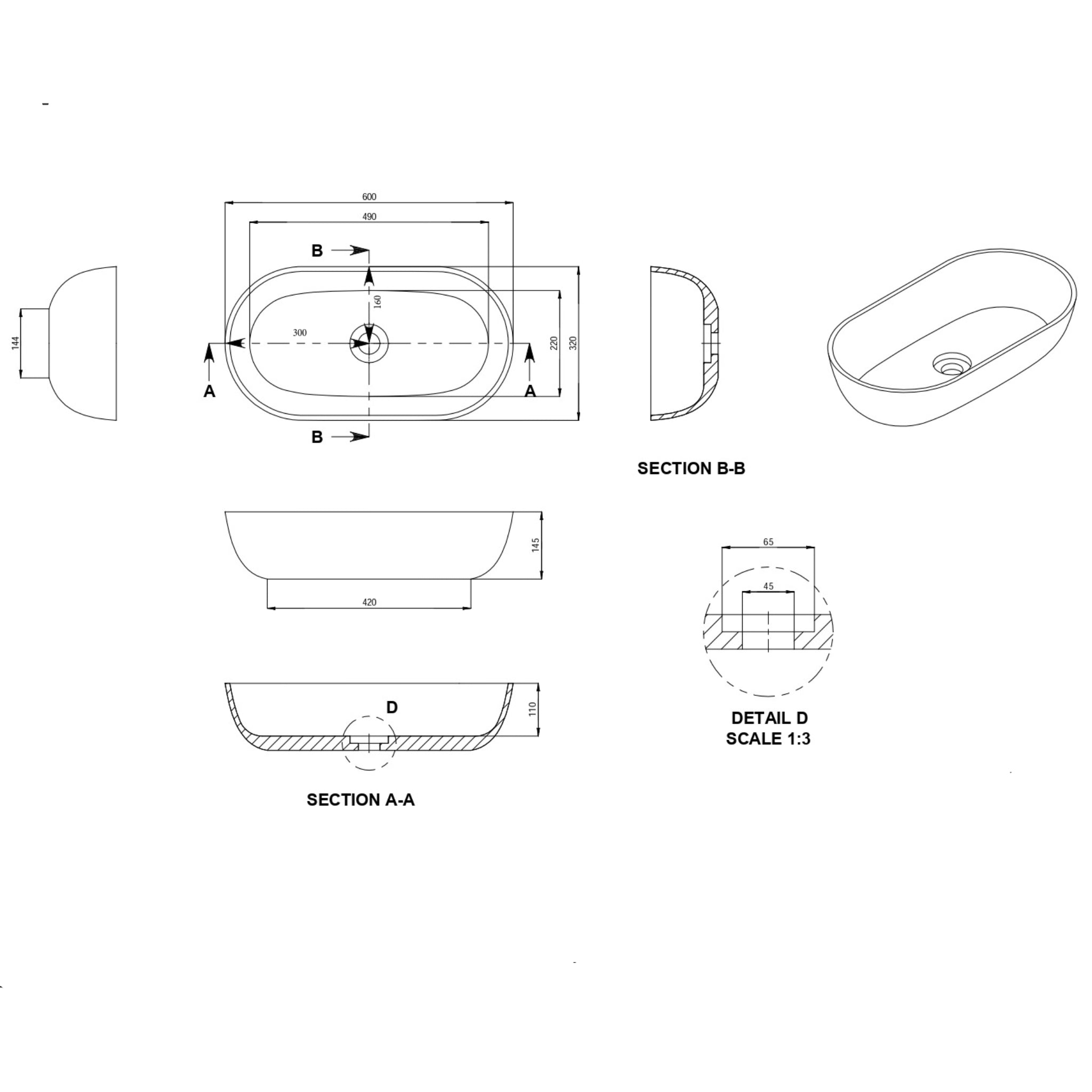 KASKADE AVEO OVAL ABOVE COUNTER STONE BASIN MATTE WHITE 600MM