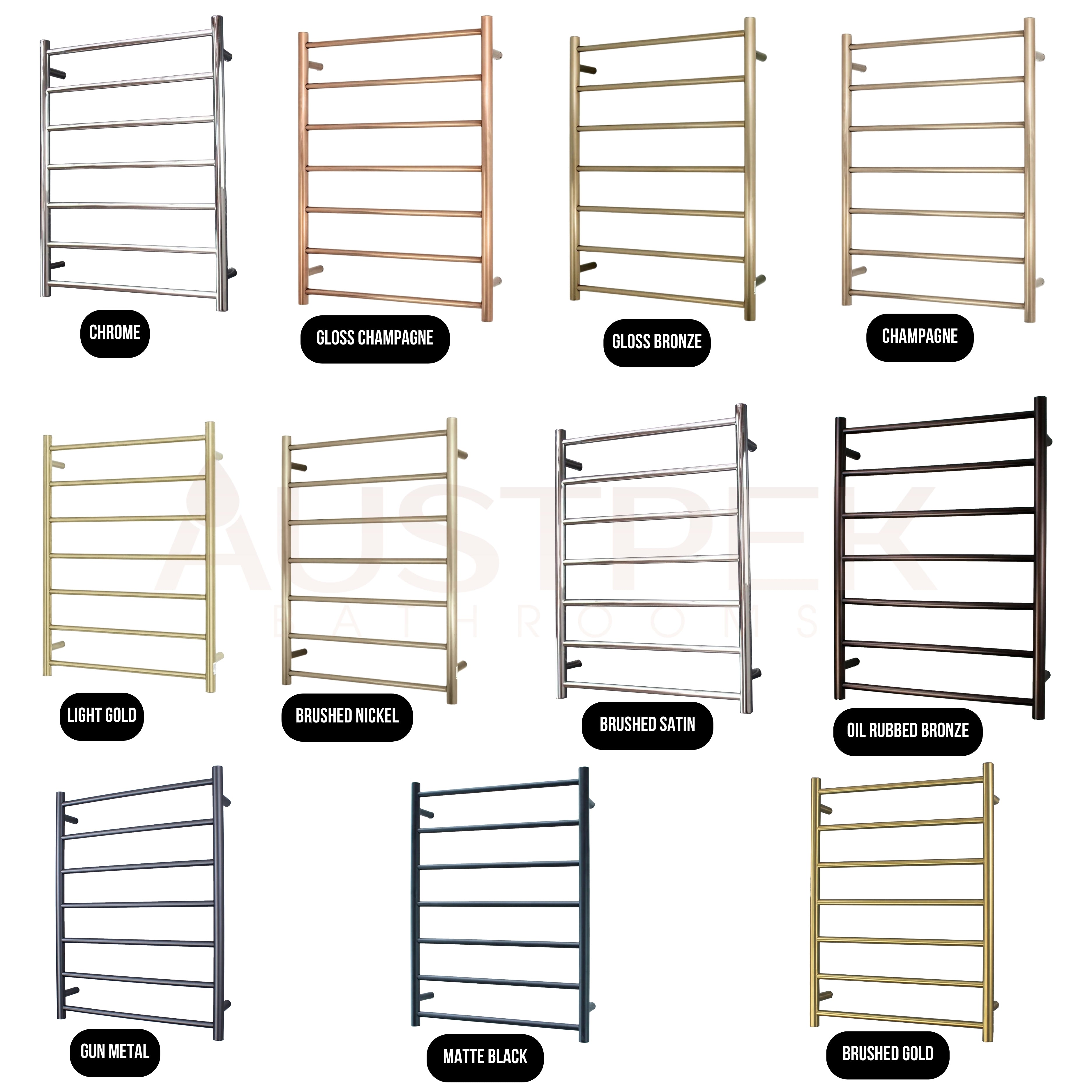 RADIANT HEATING 7-BARS ROUND HEATED TOWEL RAIL GLOSS CHAMPAGNE 600MM