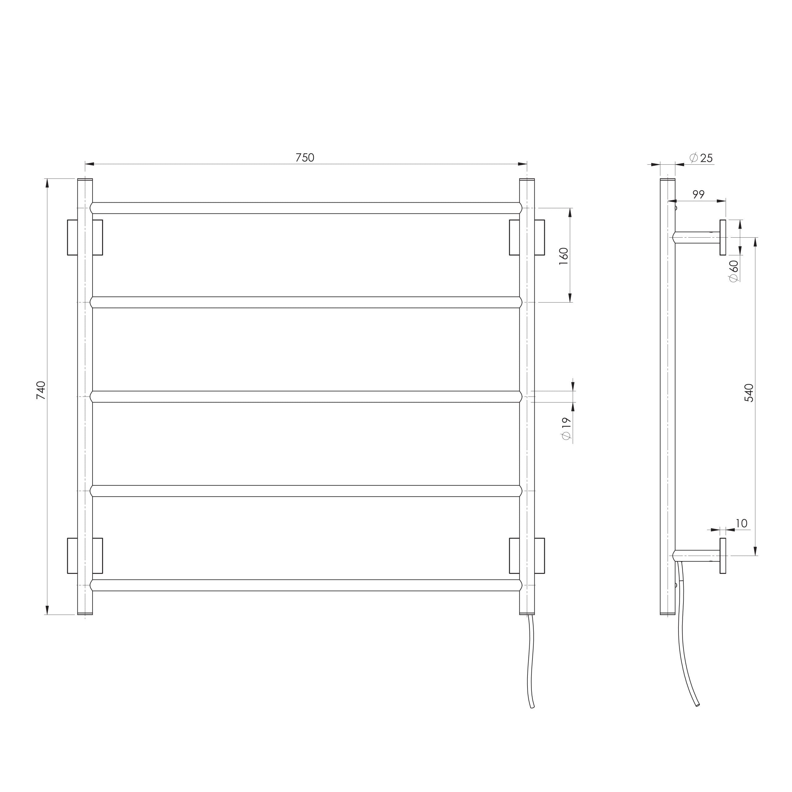 PHOENIX RADII 5-BARS ROUND HEATED TOWEL LADDER BRUSHED NICKEL 750MM