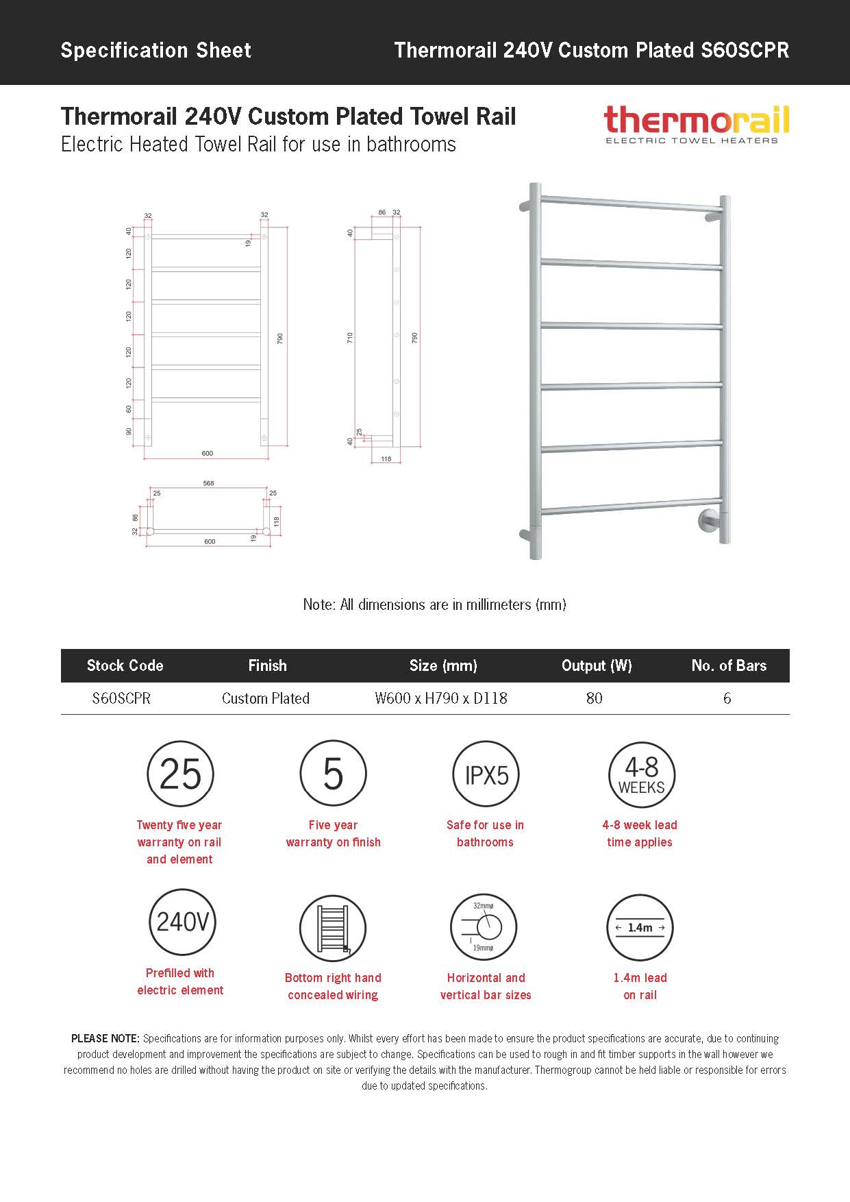 THERMOGROUP SPARTAN LIQUID-FILLED 6-BAR ROUND LADDER HEATED TOWEL RAIL POLISHED STAINLESS STEEL 600MM (CUSTOM PLATED FINISH)