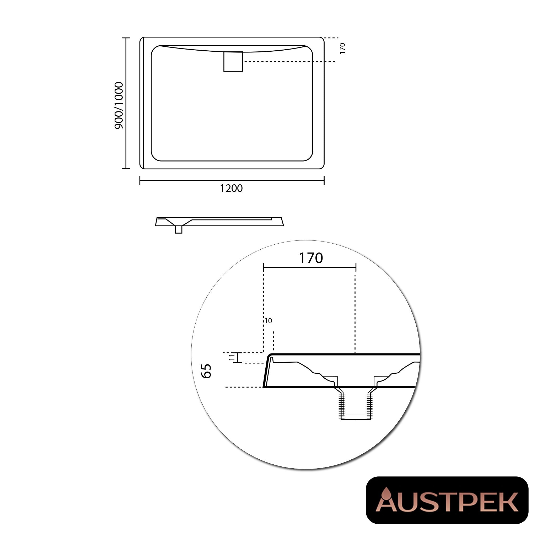 DECINA LUNA REAR WASTE SHOWER BASE 1200MM GLOSS WHITE