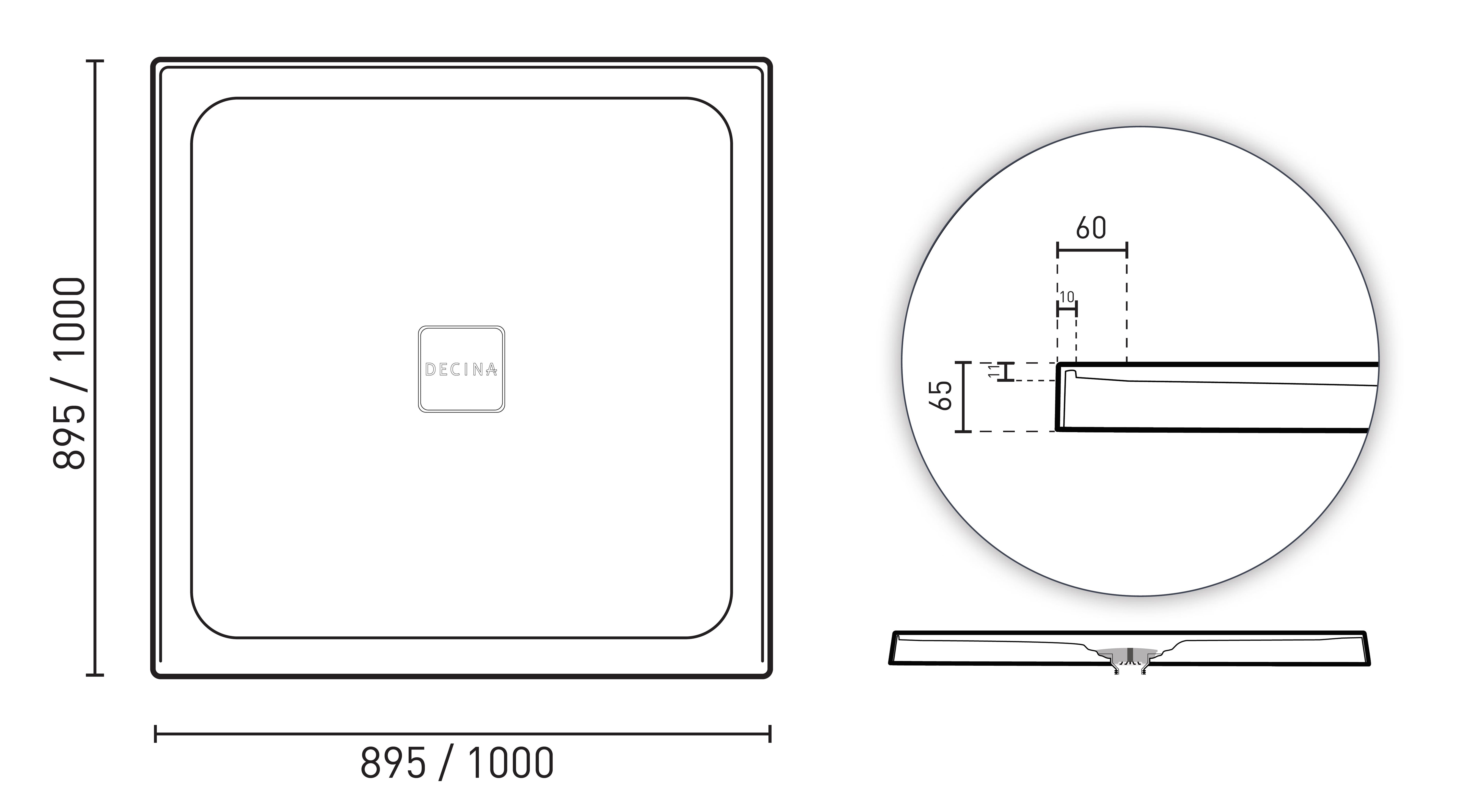 DECINA LUNA CENTRE WASTE SHOWER BASE GLOSS WHITE (AVAILABLE IN 900MM AND 1000MM)