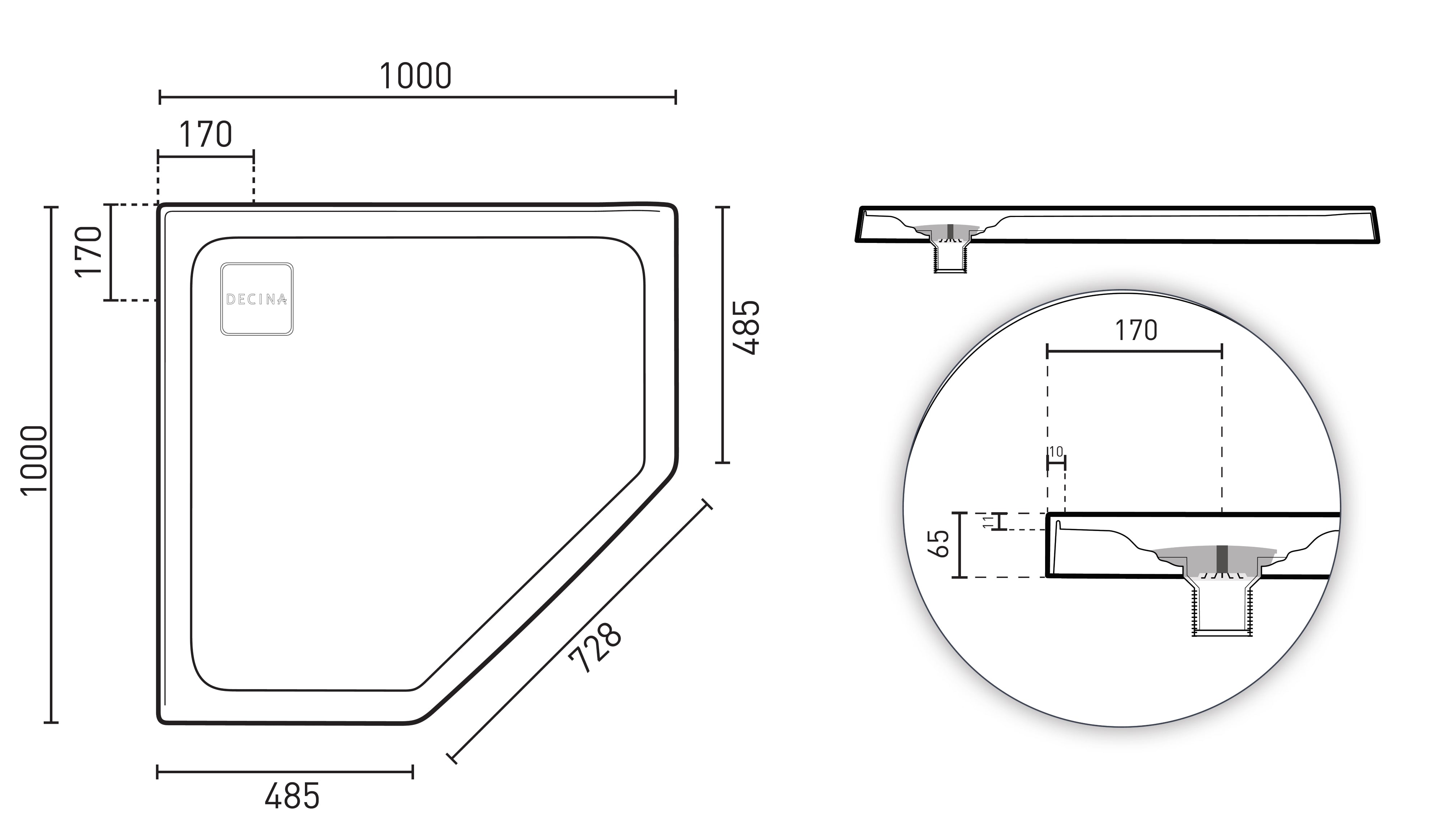 DECINA LUNA ANGLED SHOWER BASE 1000MM GLOSS WHITE