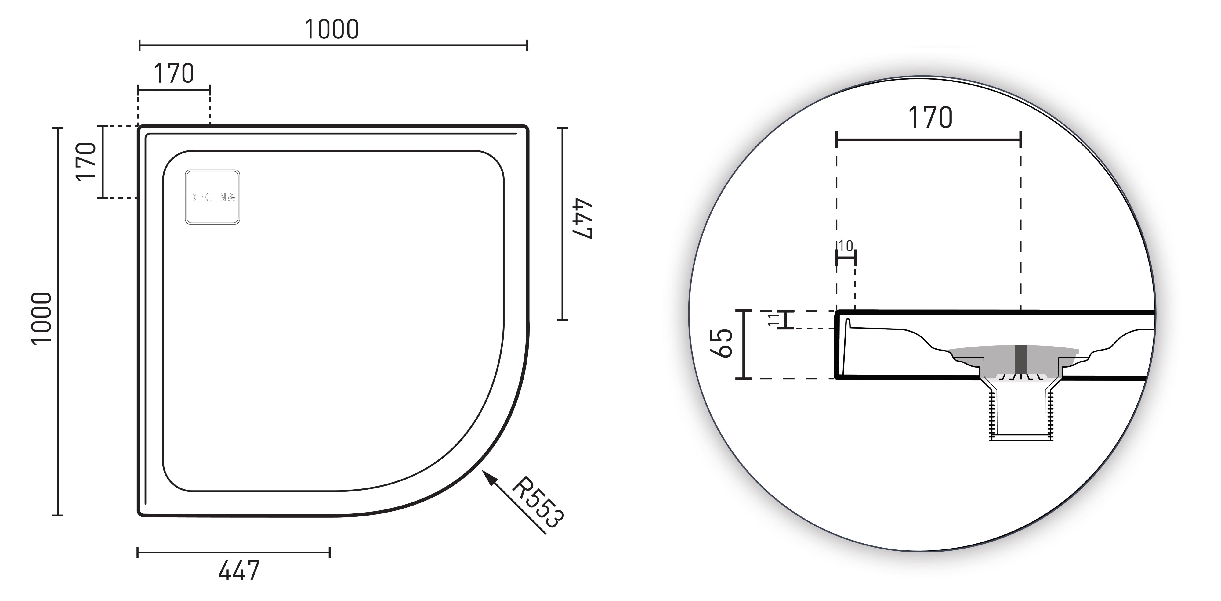 DECINA LUNA CURVED SHOWER BASE 1000MM GLOSS WHITE