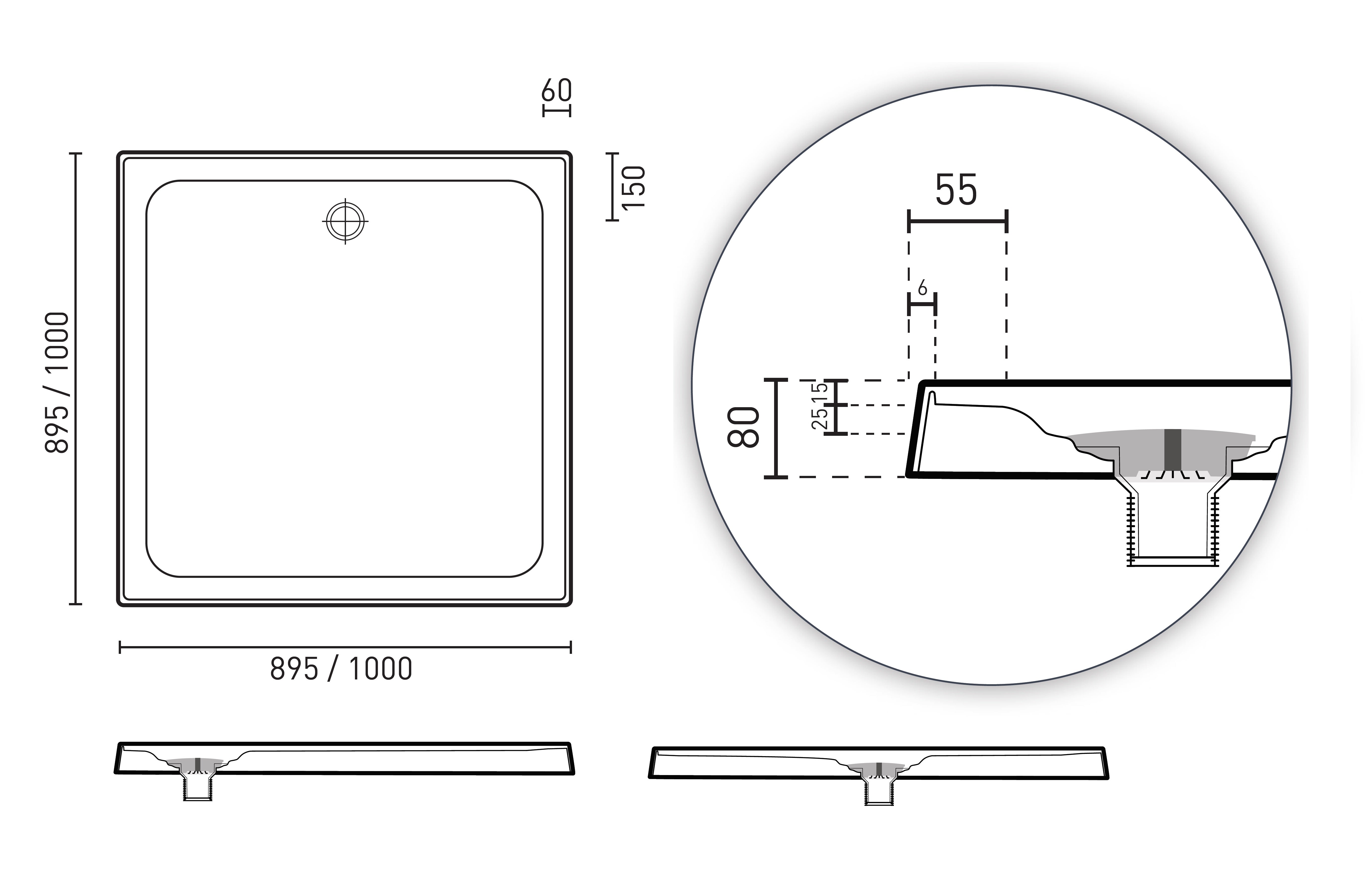 DECINA PRELUDE REAR OUTLET SHOWER BASE GLOSS WHITE (AVAILABLE IN 895MM AND 1000MM)