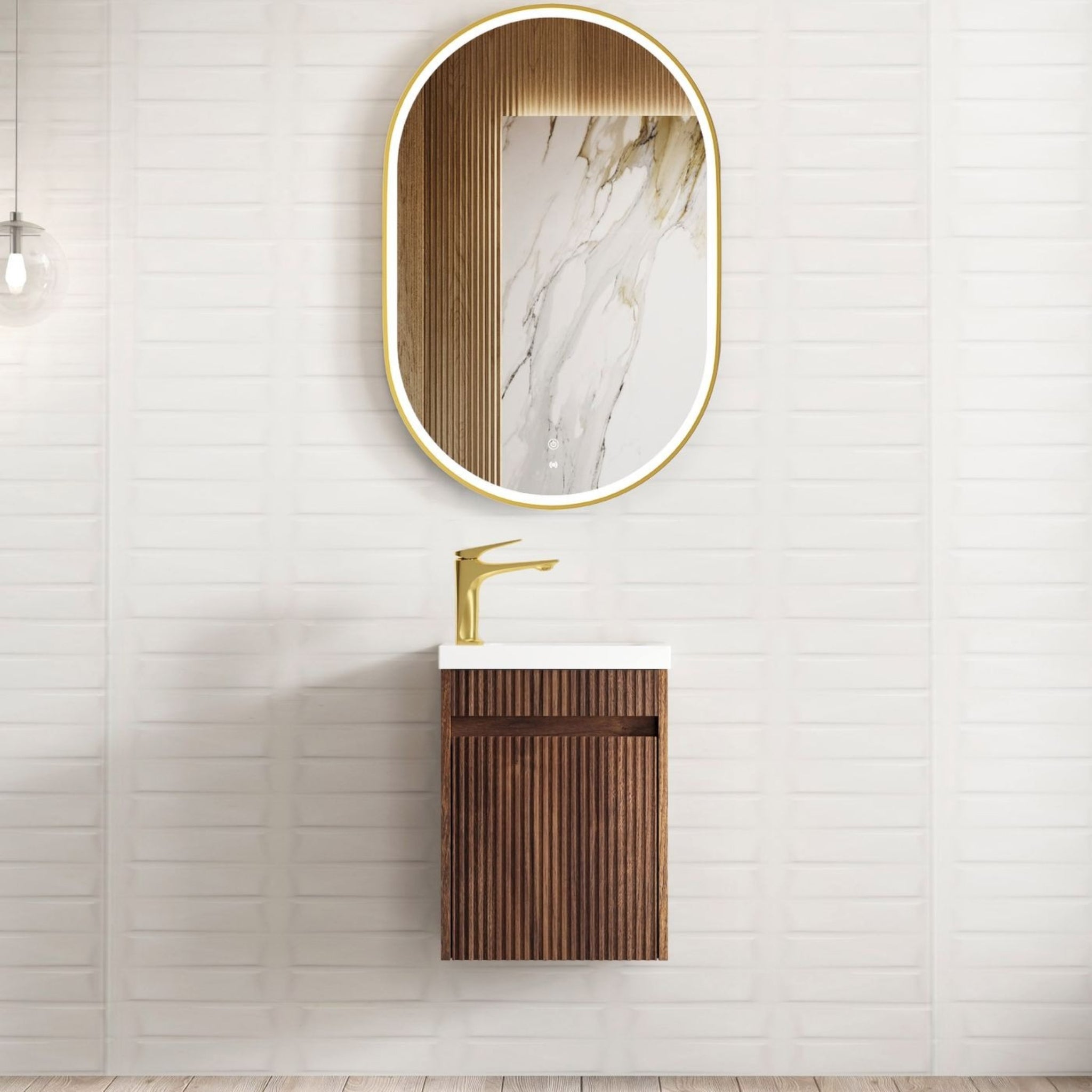 OTTI ENSUITE SABLE WALNUT FLUTED 400MM SPACE SAVING SINGLE BOWL WALL HUNG VANITY WITH CERAMIC TOP