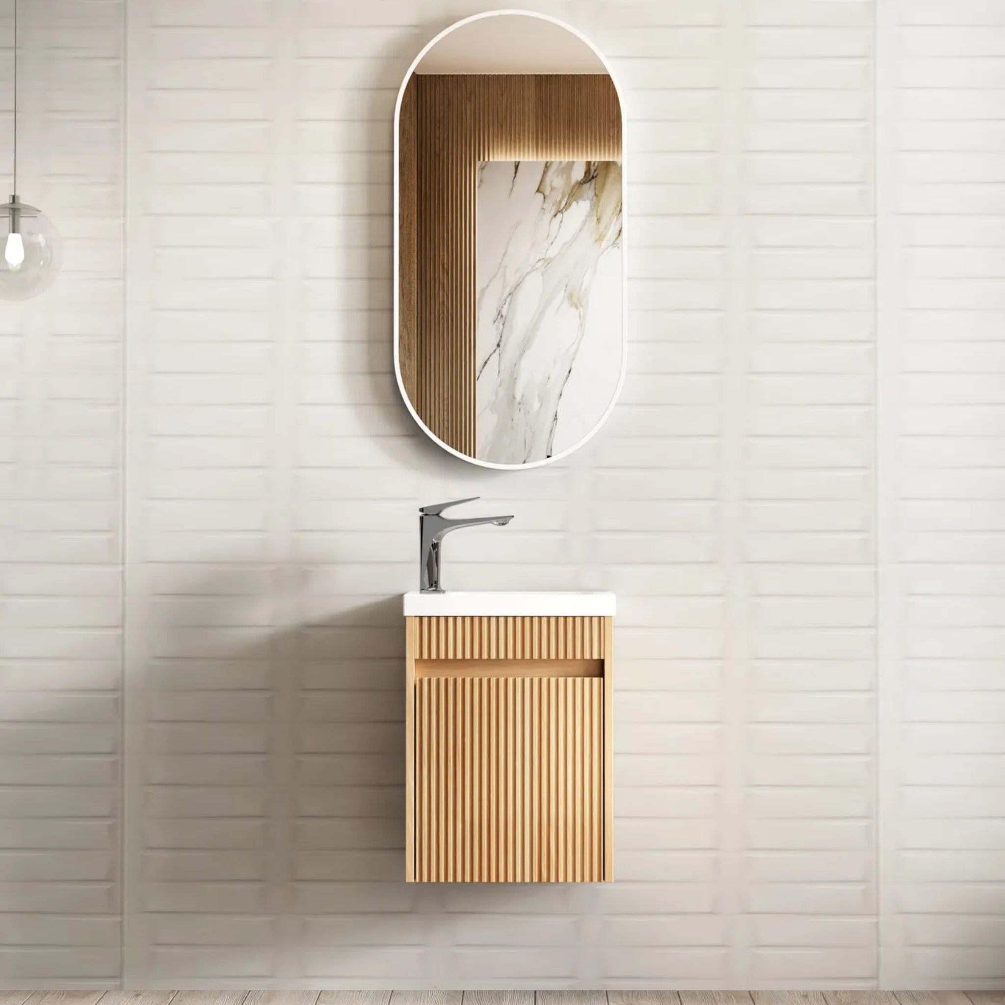 OTTI ENSUITE WOODLAND OAK FLUTED 400MM SPACE SAVING SINGLE BOWL WALL HUNG VANITY WITH CERAMIC TOP