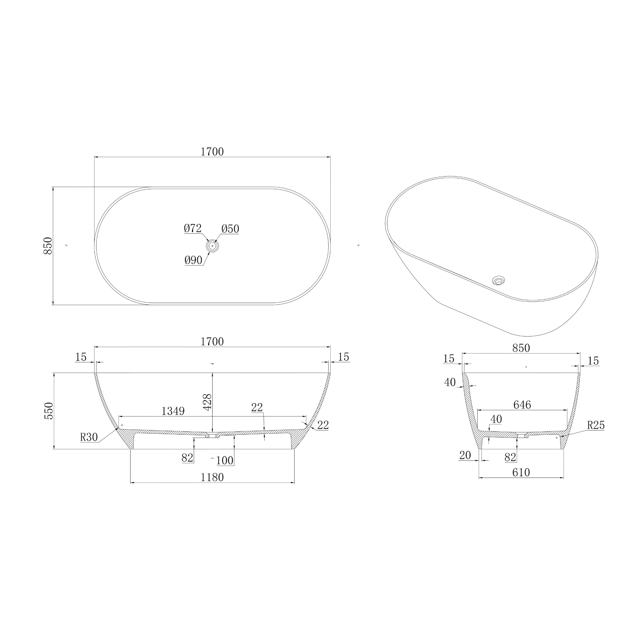 STONEHAVEN MONARCH FREESTANDING STONE BATHTUB (AVAILABLE IN 1700MM AND 1800MM)