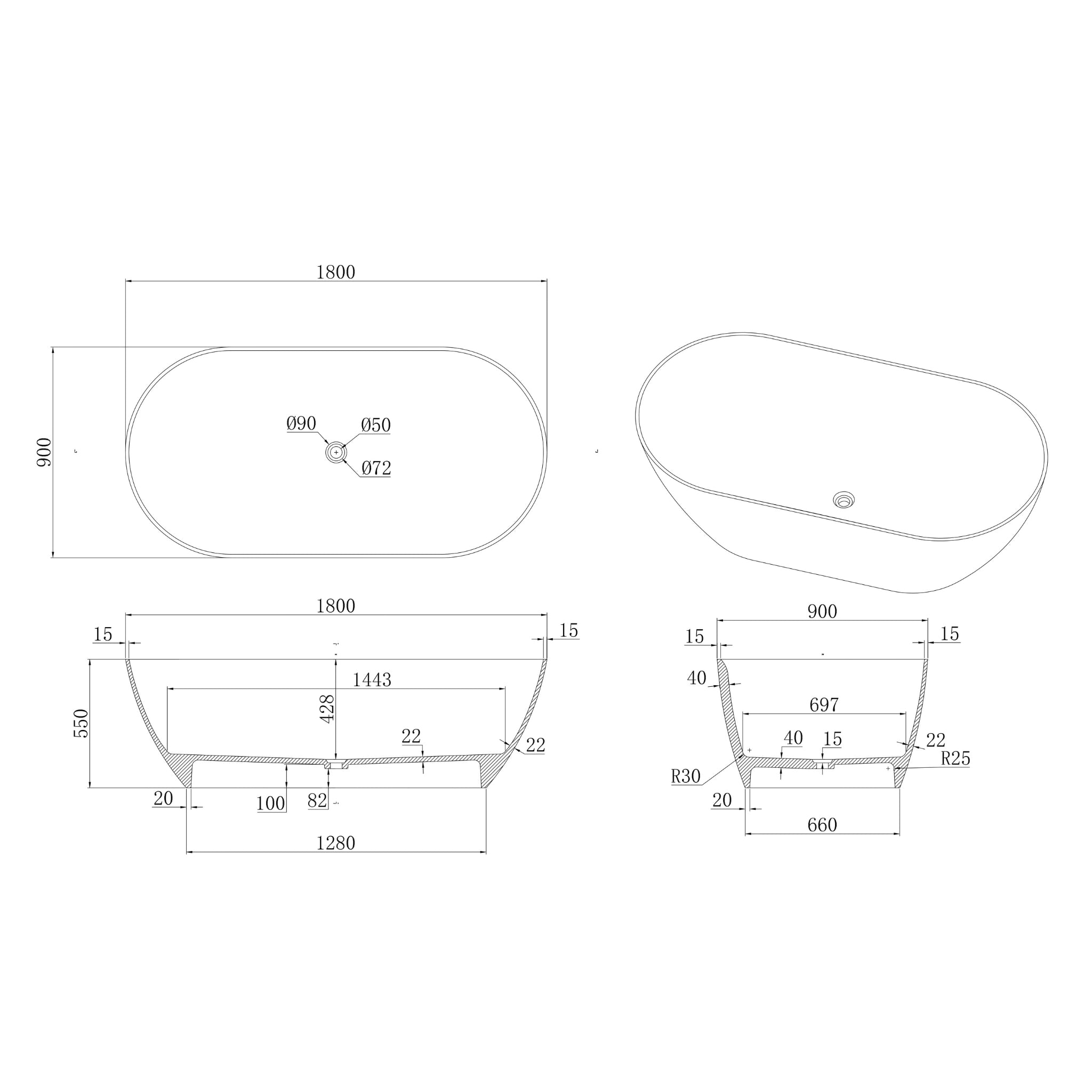 STONEHAVEN MONARCH FREESTANDING STONE BATHTUB (AVAILABLE IN 1700MM AND 1800MM)