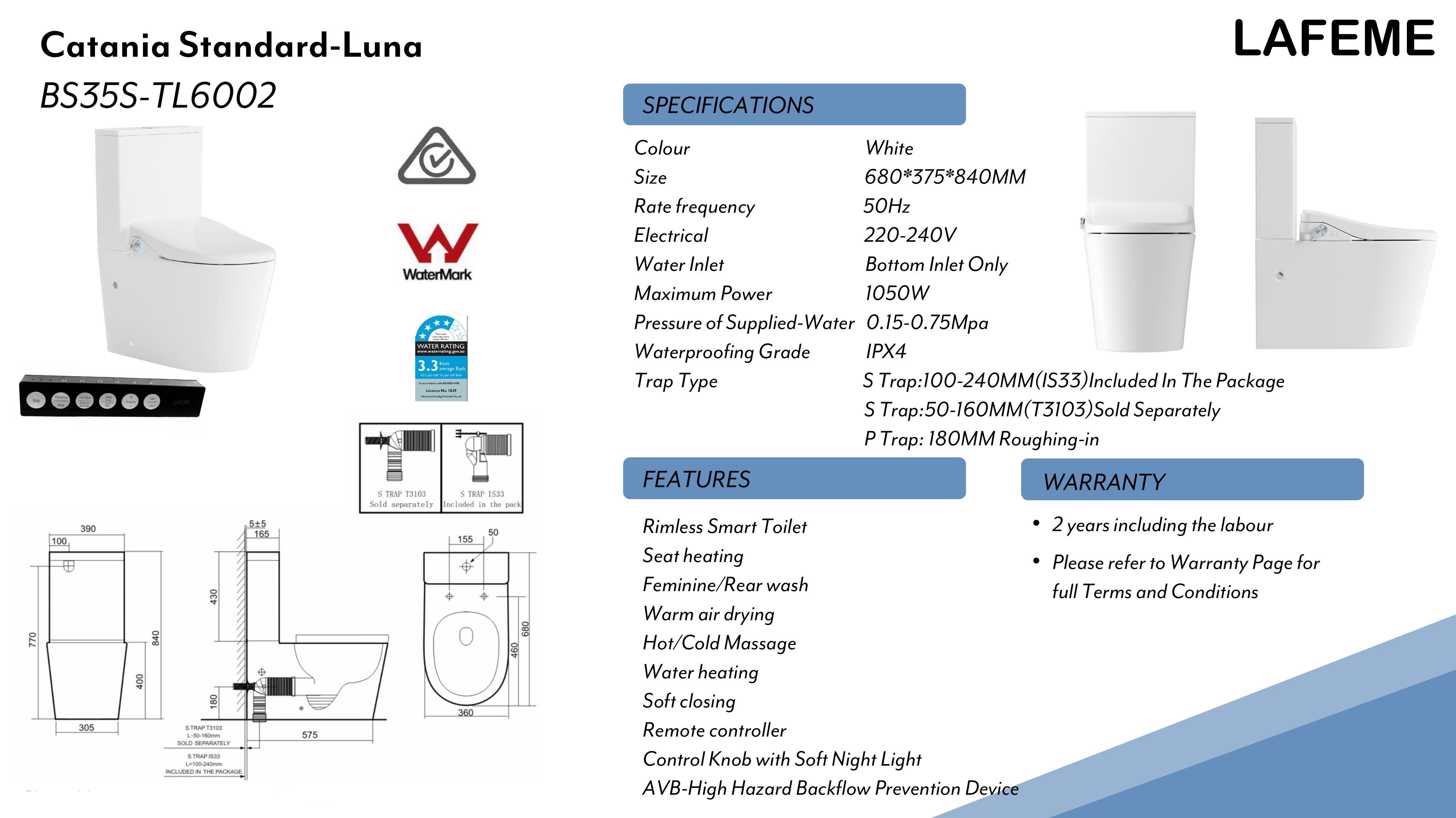 LAFEME CATANIA STANDARD LUNA RIMLESS BACK TO WALL SMART TOILET WHITE