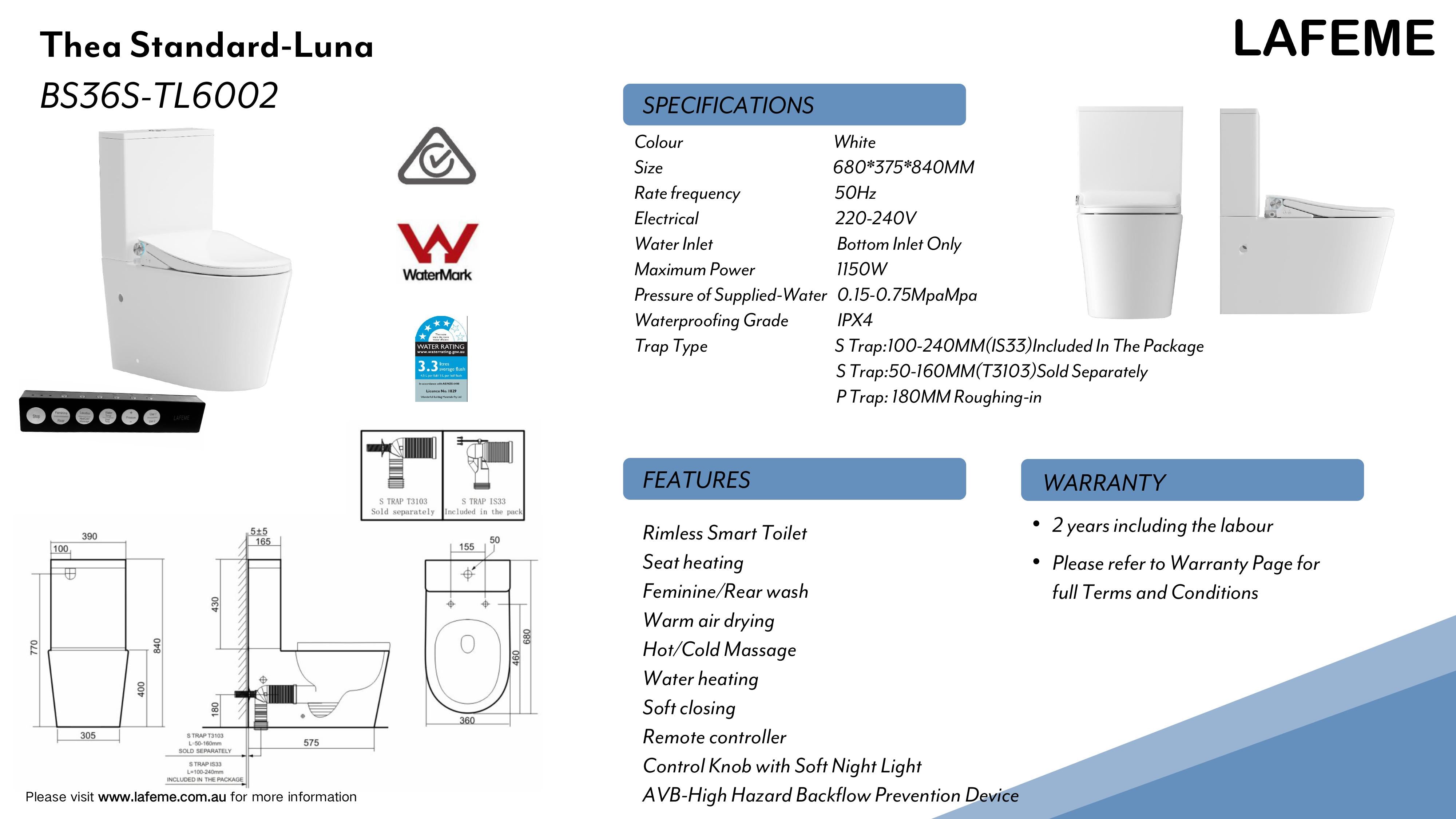 LAFEME THEA STANDARD LUNA RIMLESS BACK TO WALL SMART TOILET WHITE