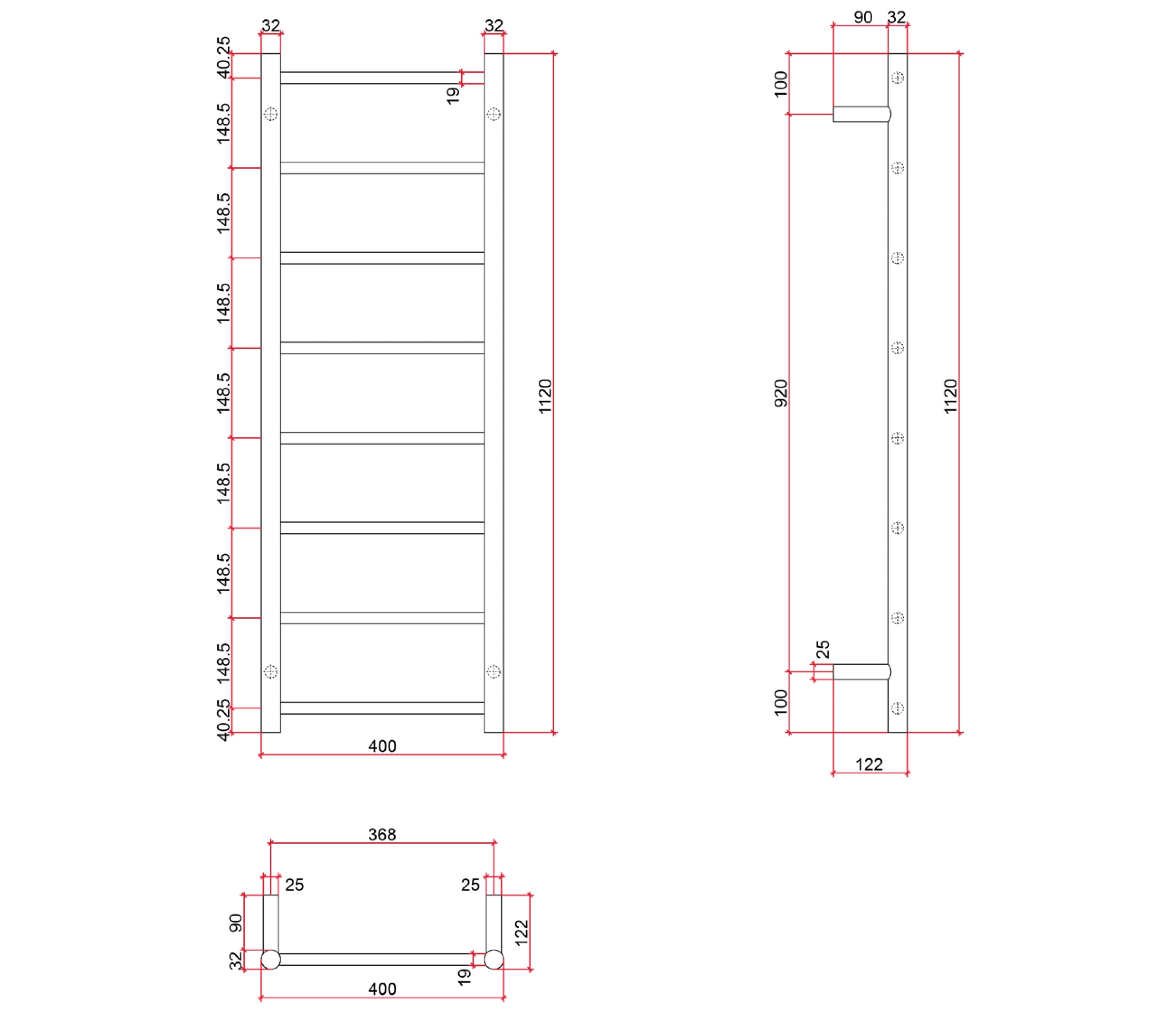 THERMOGROUP 8-BAR ROUND LADDER HEATED TOWEL RAIL POLISHED STAINLESS STEEL 400MM