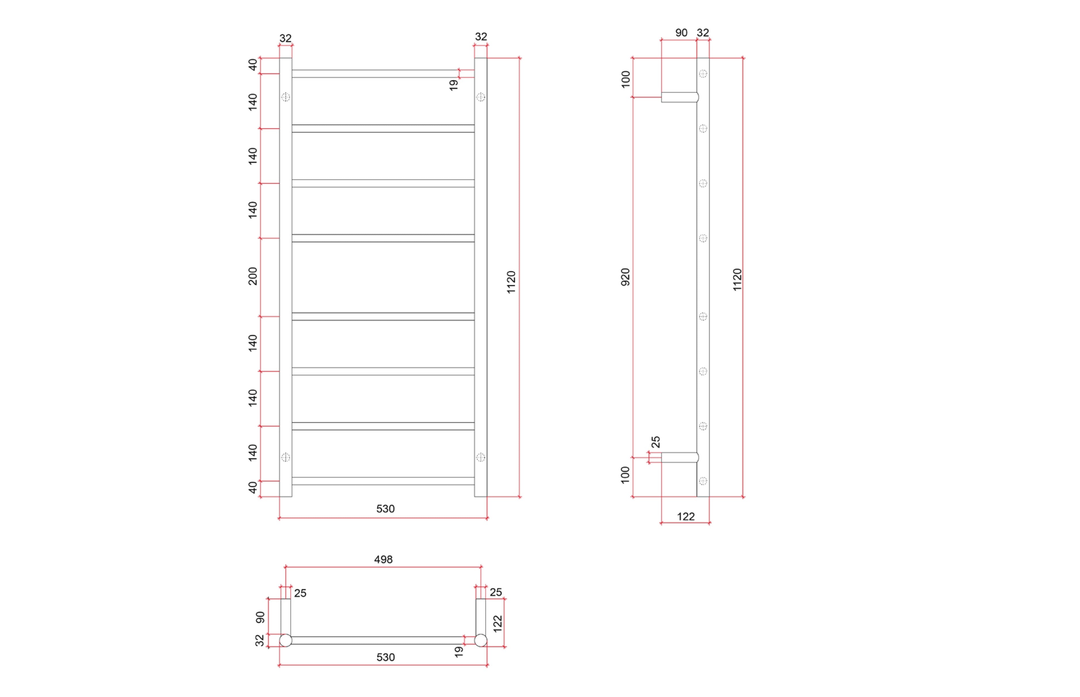 THERMOGROUP 8-BAR ROUND LADDER HEATED TOWEL RAIL POLISHED STAINLESS STEEL 530MM