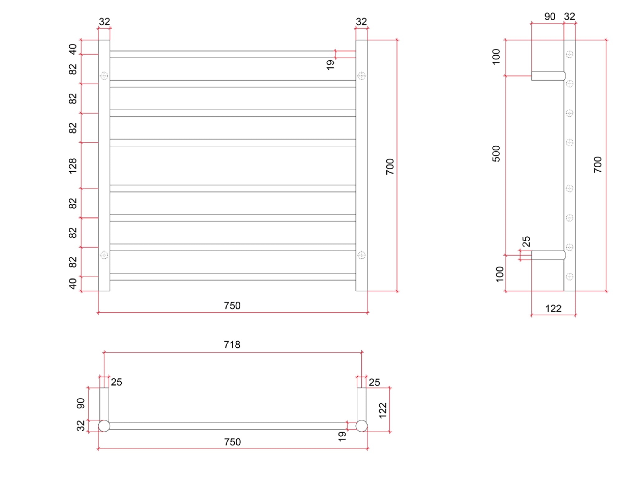 THERMOGROUP 8-BAR ROUND LADDER HEATED TOWEL RAIL POLISHED STAINLESS STEEL 750MM