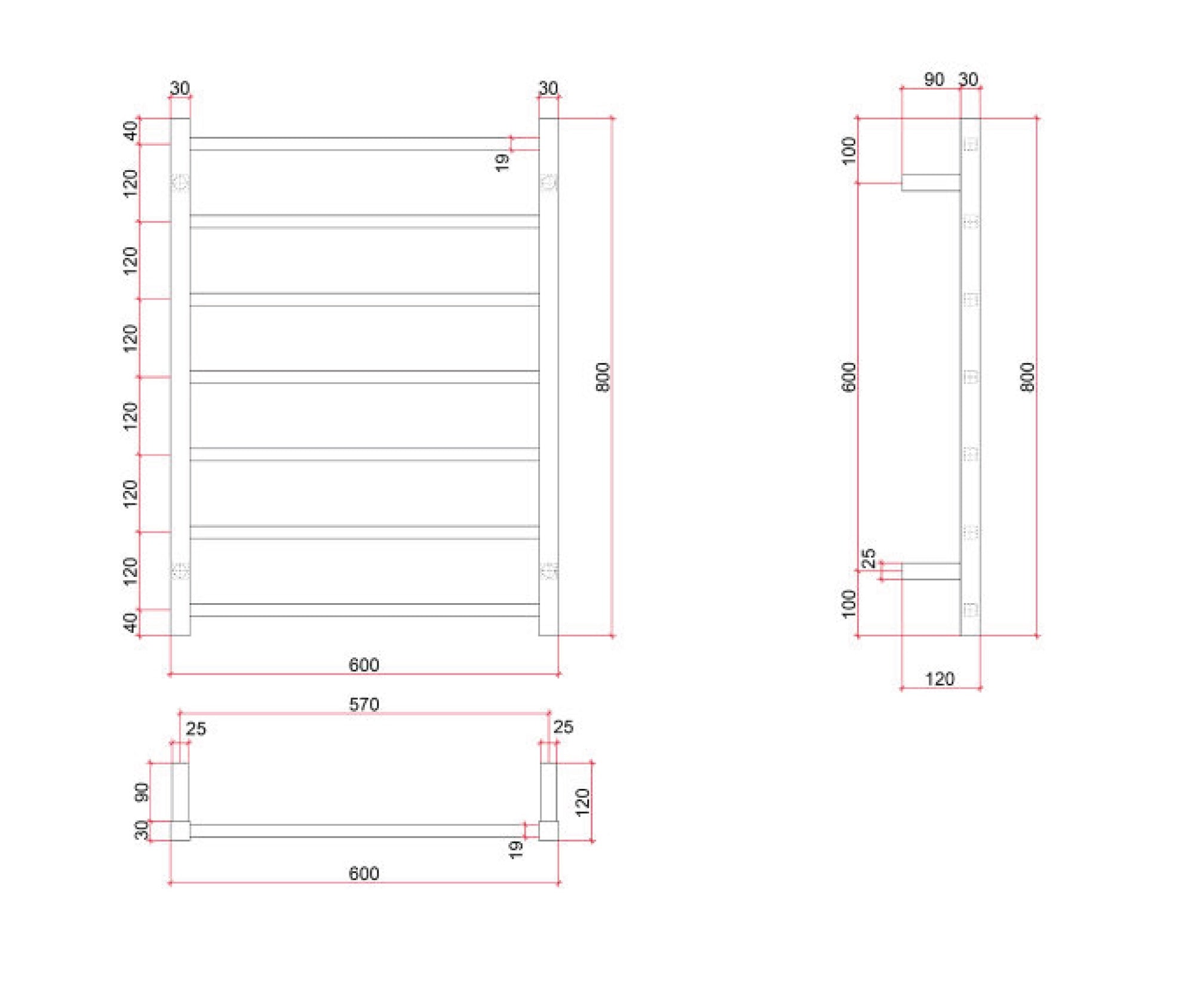 THERMOGROUP 7-BAR SQUARE LADDER HEATED TOWEL RAIL BRUSHED STAINLESS STEEL 600MM