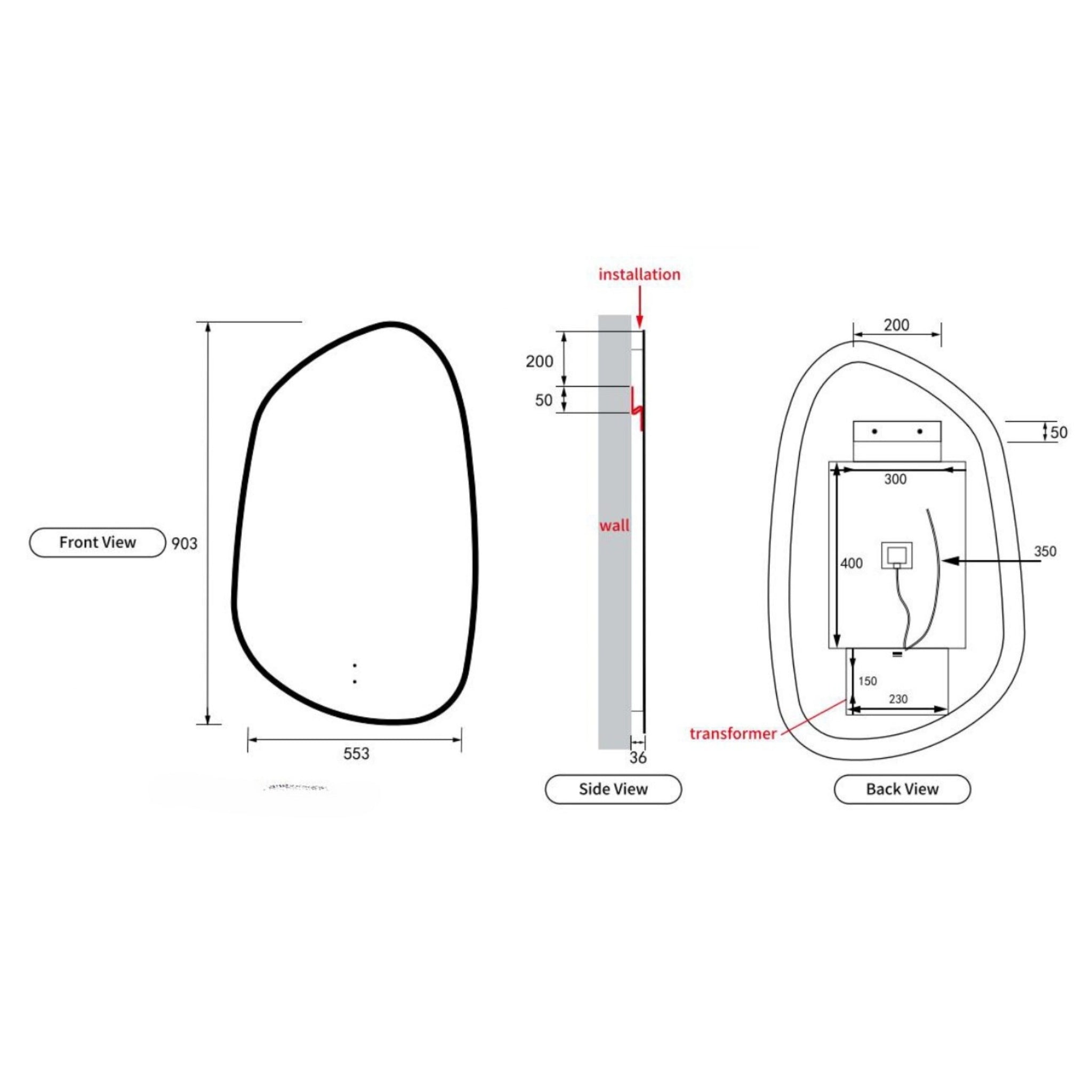 AULIC TARCOOLA ASYMMETRICAL FRAMED LED MIRROR 3 COLOUR LIGHTS MATTE WHITE 550X900MM