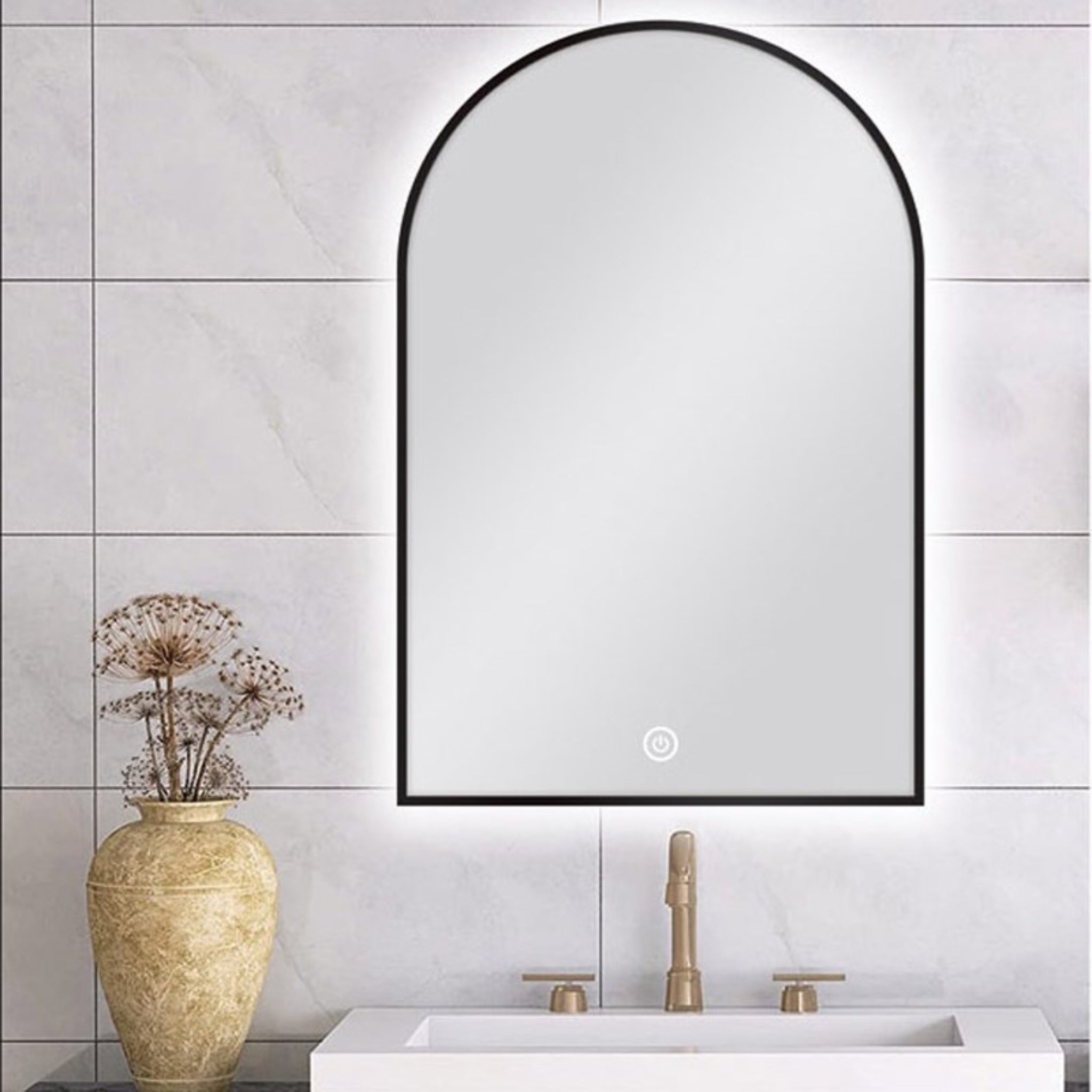 AQUAPERLA ARCHED FRAMED BACK-LIT LED MIRROR BLACK 600X900MM