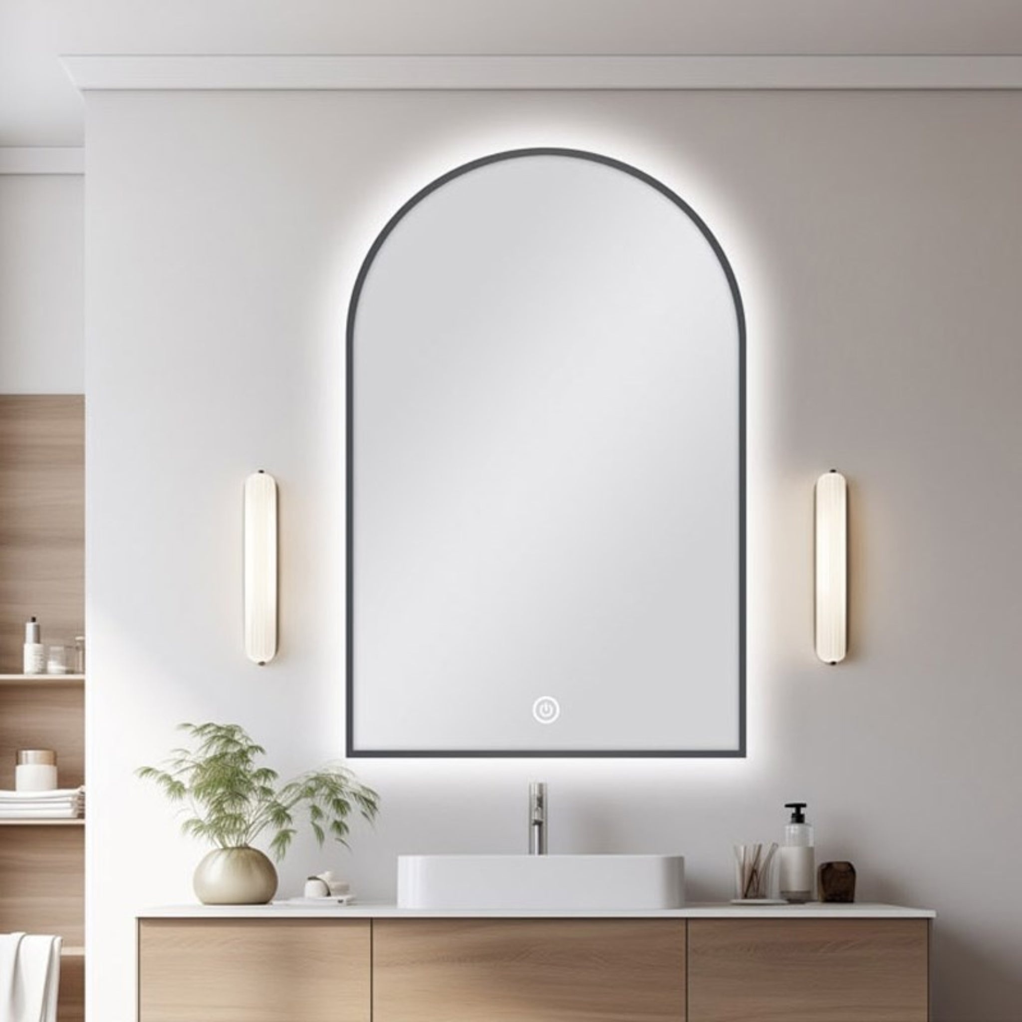 AQUAPERLA ARCHED FRAMED BACK-LIT LED MIRROR GUN METAL 600X900MM