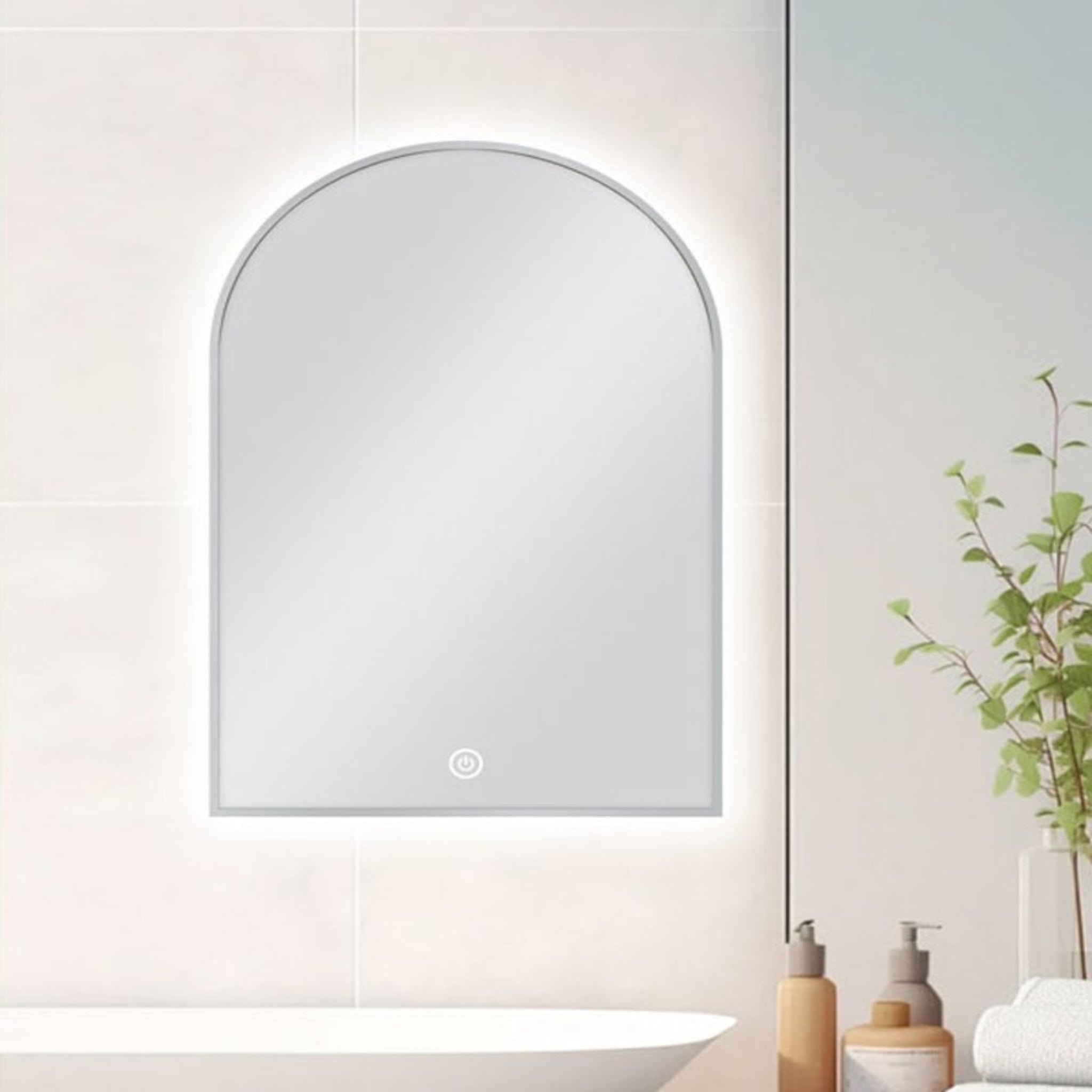 AQUAPERLA ARCHED FRAMED BACK-LIT LED MIRROR BRUSHED NICKEL 600X900MM