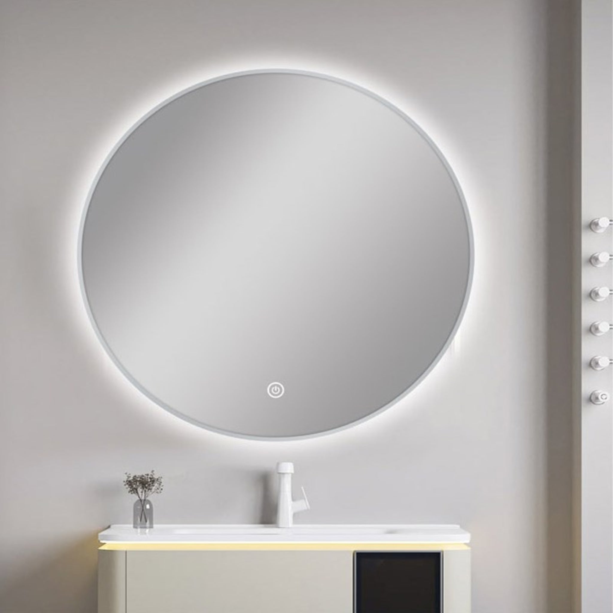 AQUAPERLA ROUND FRAMED BACK-LIT LED MIRROR BRUSHED NICKEL 750MM