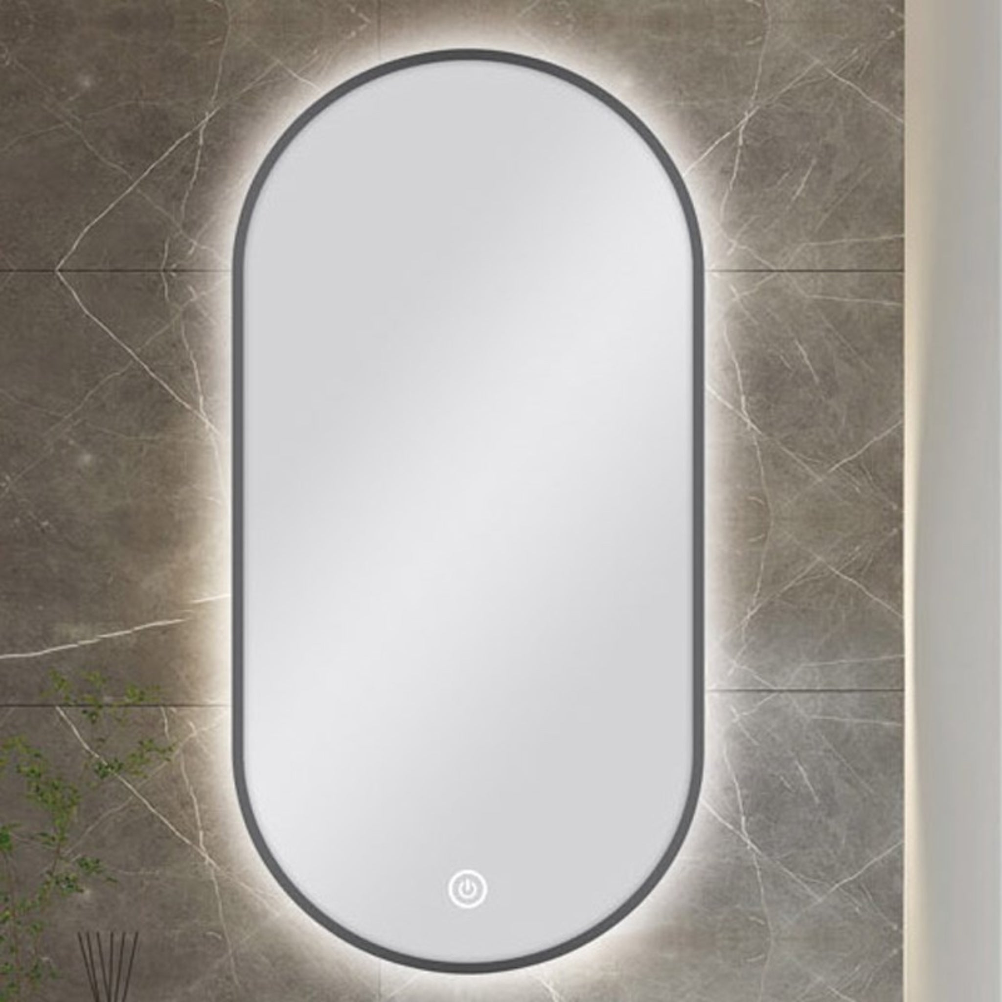 AQUAPERLA PILL SHAPE FRAMED LED MIRROR GUN METAL 450X900MM