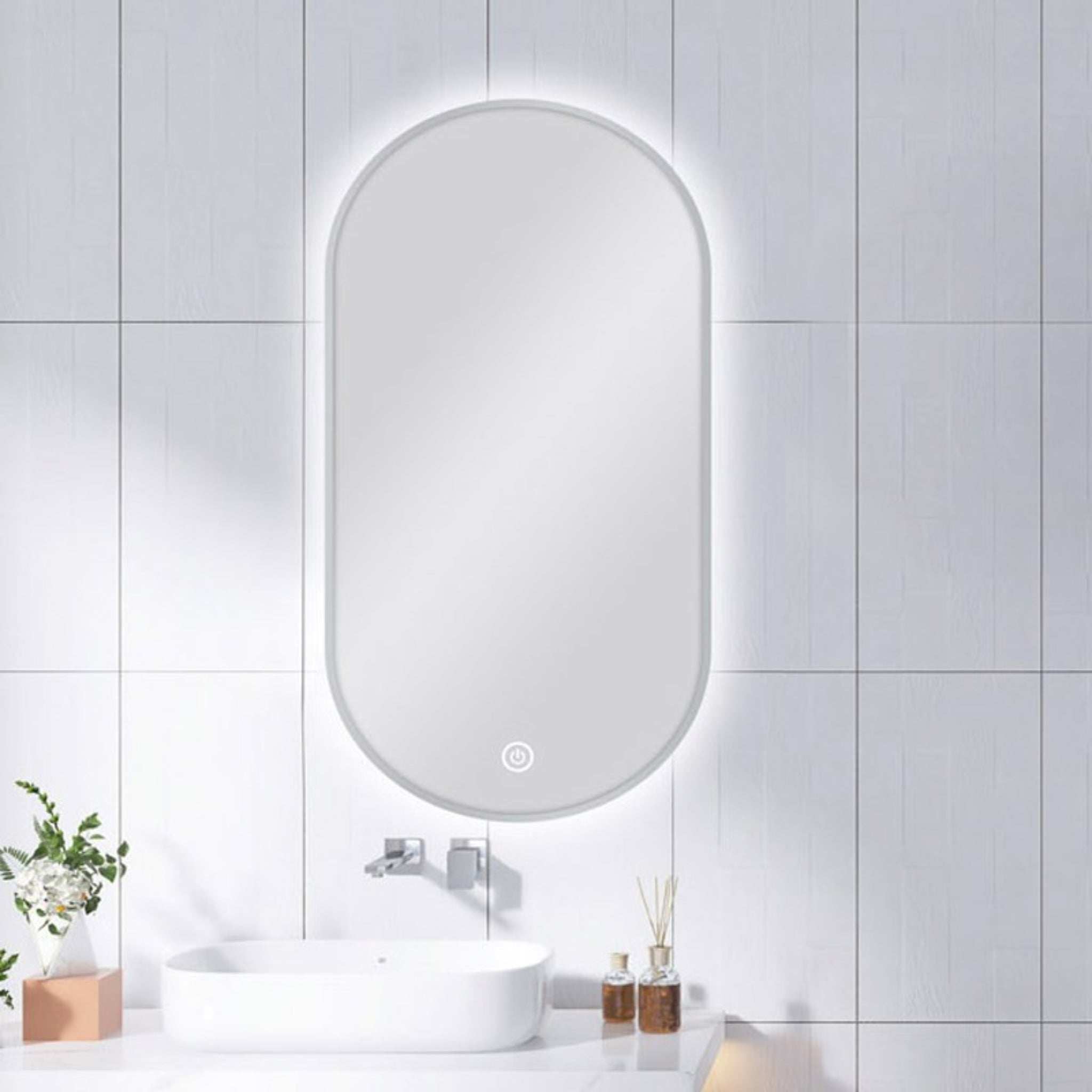 AQUAPERLA PILL SHAPE FRAMED LED MIRROR BRUSHED NICKEL 450X900MM