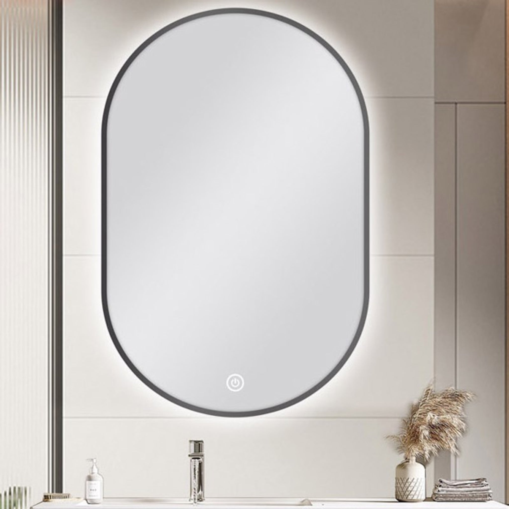 AQUAPERLA OVAL FRAMED BACK-LIT LED MIRROR GUN METAL 600X900MM