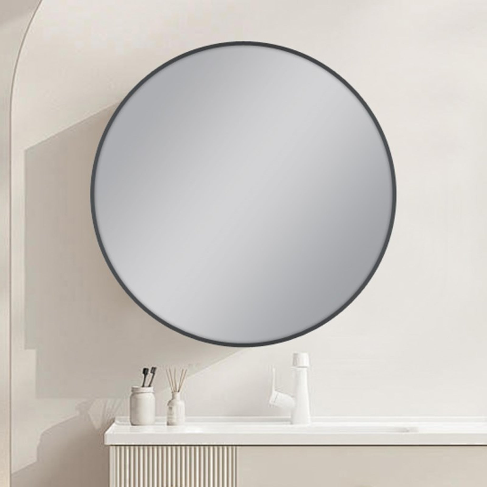 AQUAPERLA ROUND FRAMED CARYSIL MIRROR GUN METAL 600MM