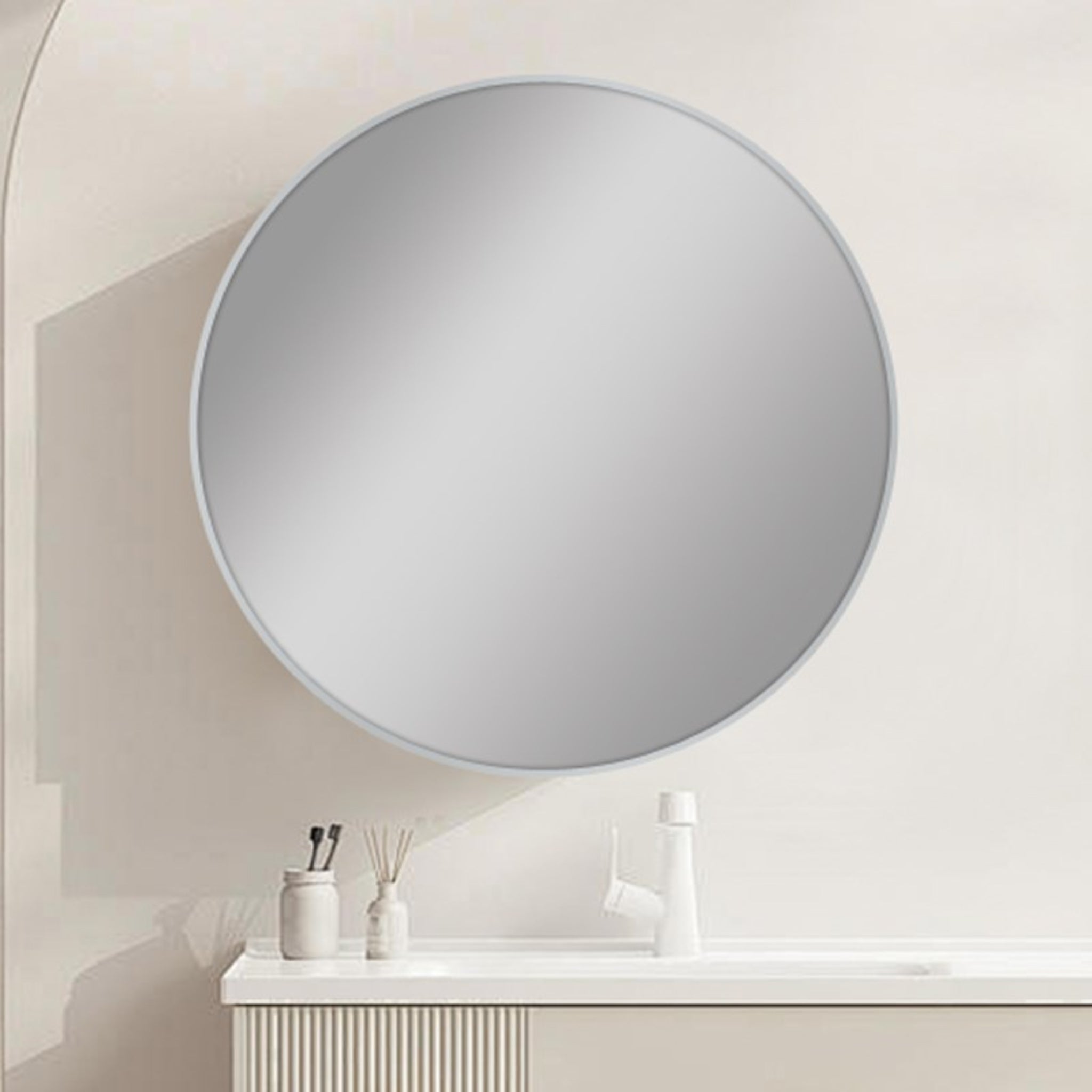 AQUAPERLA ROUND FRAMED CARYSIL MIRROR BRUSHED NICKEL 600MM