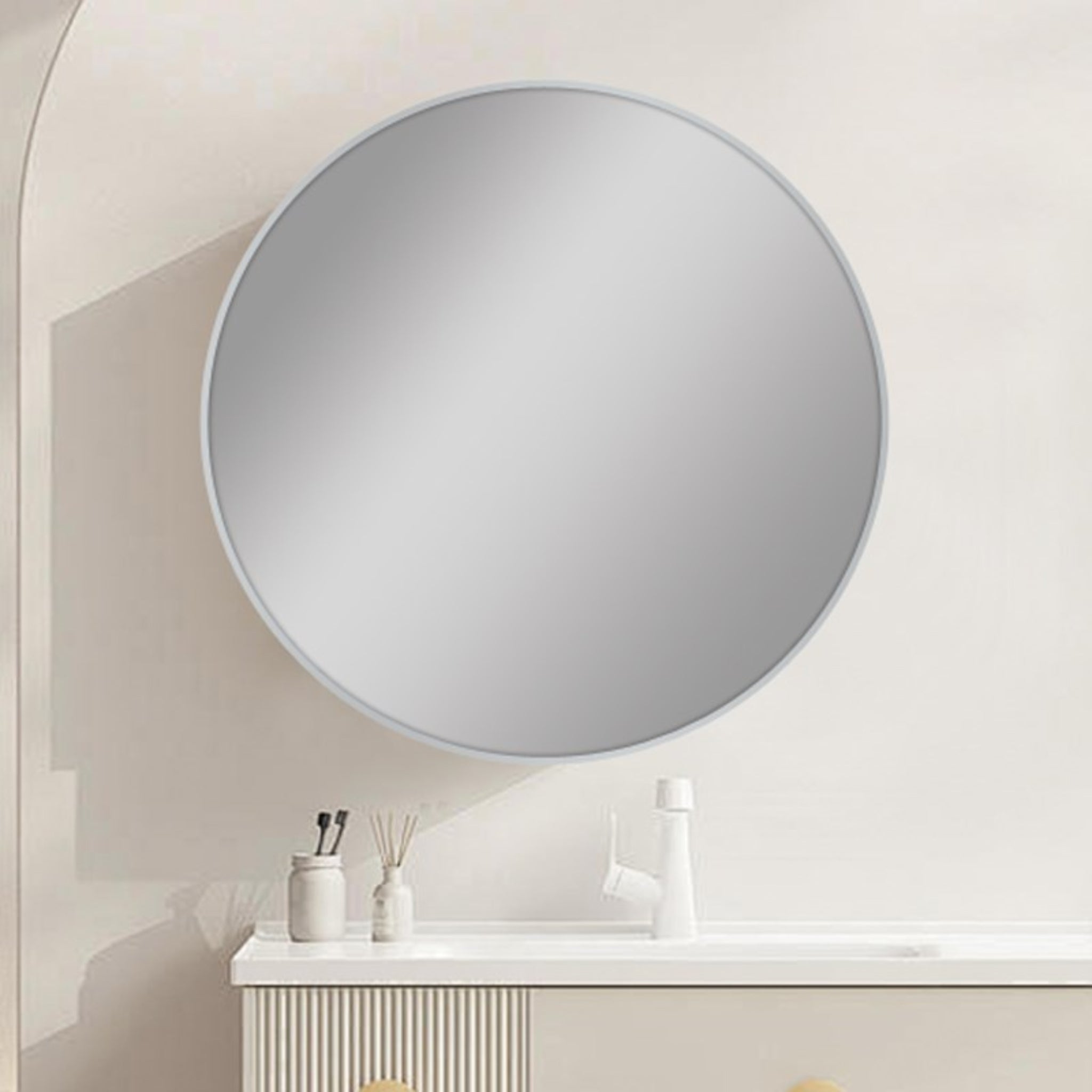 AQUAPERLA ROUND FRAMED CARYSIL MIRROR BRUSHED NICKEL 800MM