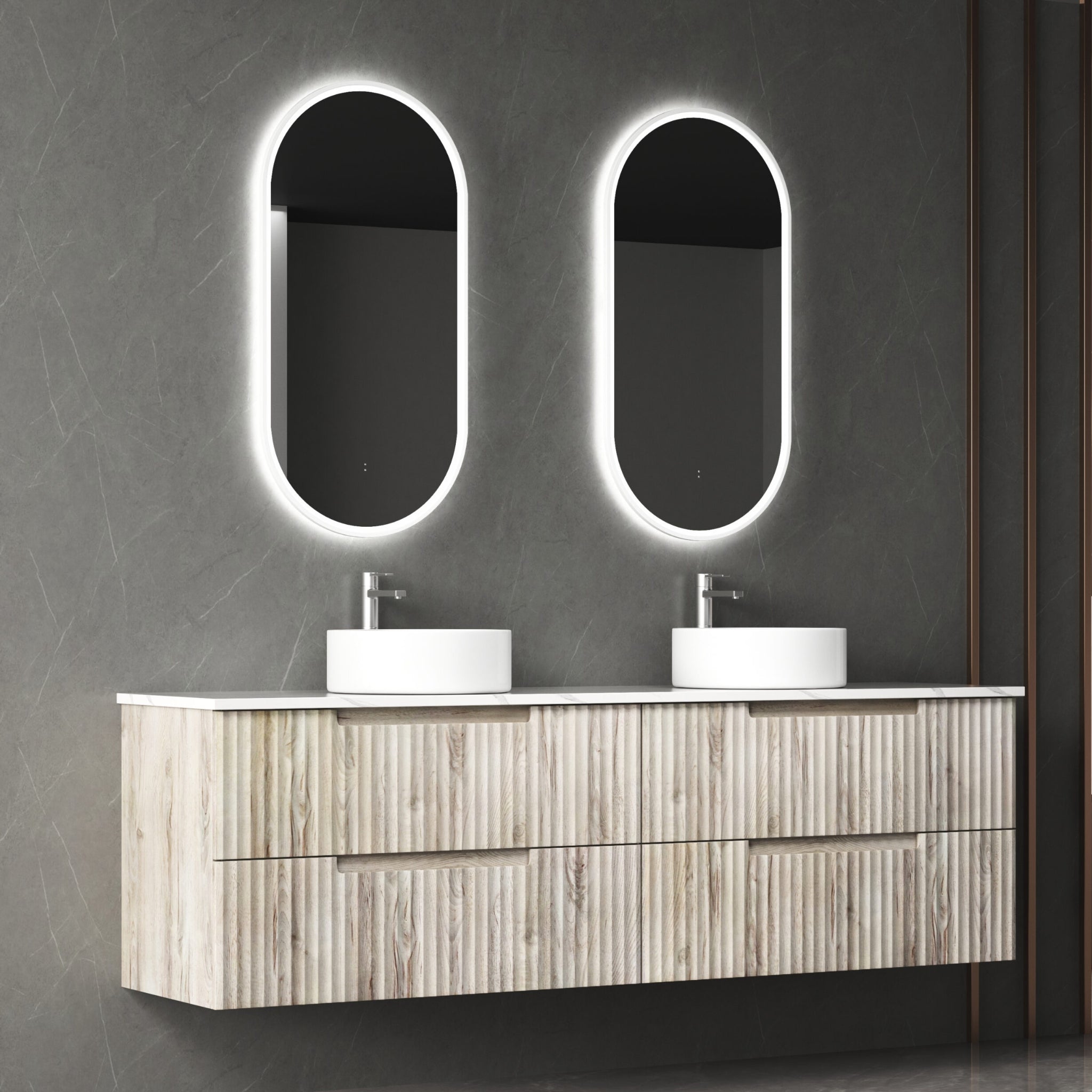 AULIC TUSCANA WOOD GRAIN 1800MM DOUBLE BOWL WALL HUNG VANITY W/ GERMAN HETTICH RUNNERS