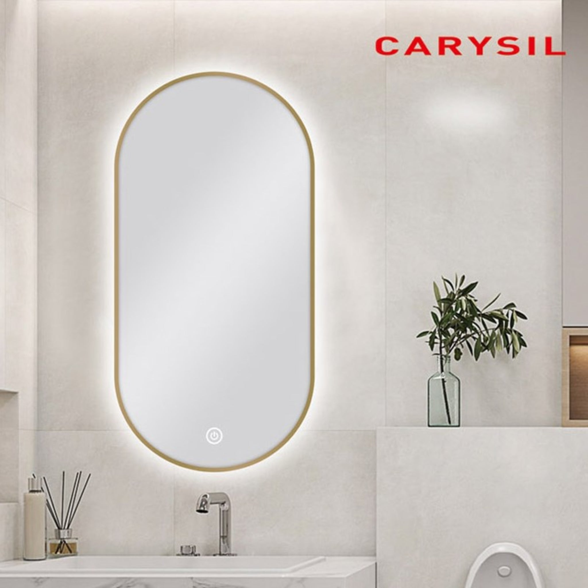 AQUAPERLA PILL SHAPE FRAMED LED MIRROR GOLD 450X900MM