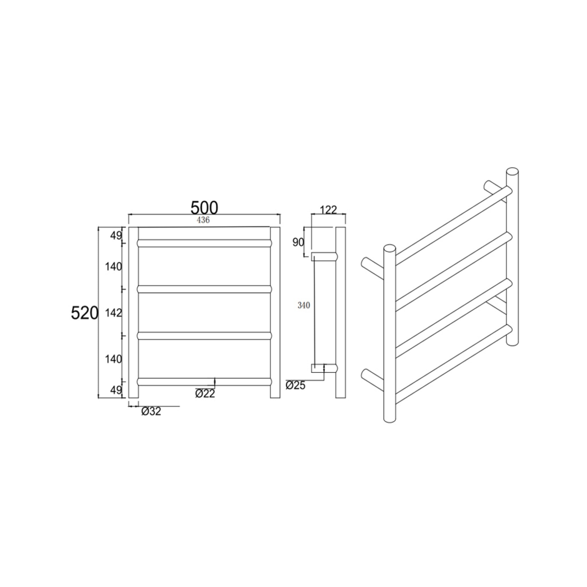 AQUAPERLA 4-BAR ROUND LADDER HEATED TOWEL RAIL CHROME 520MM