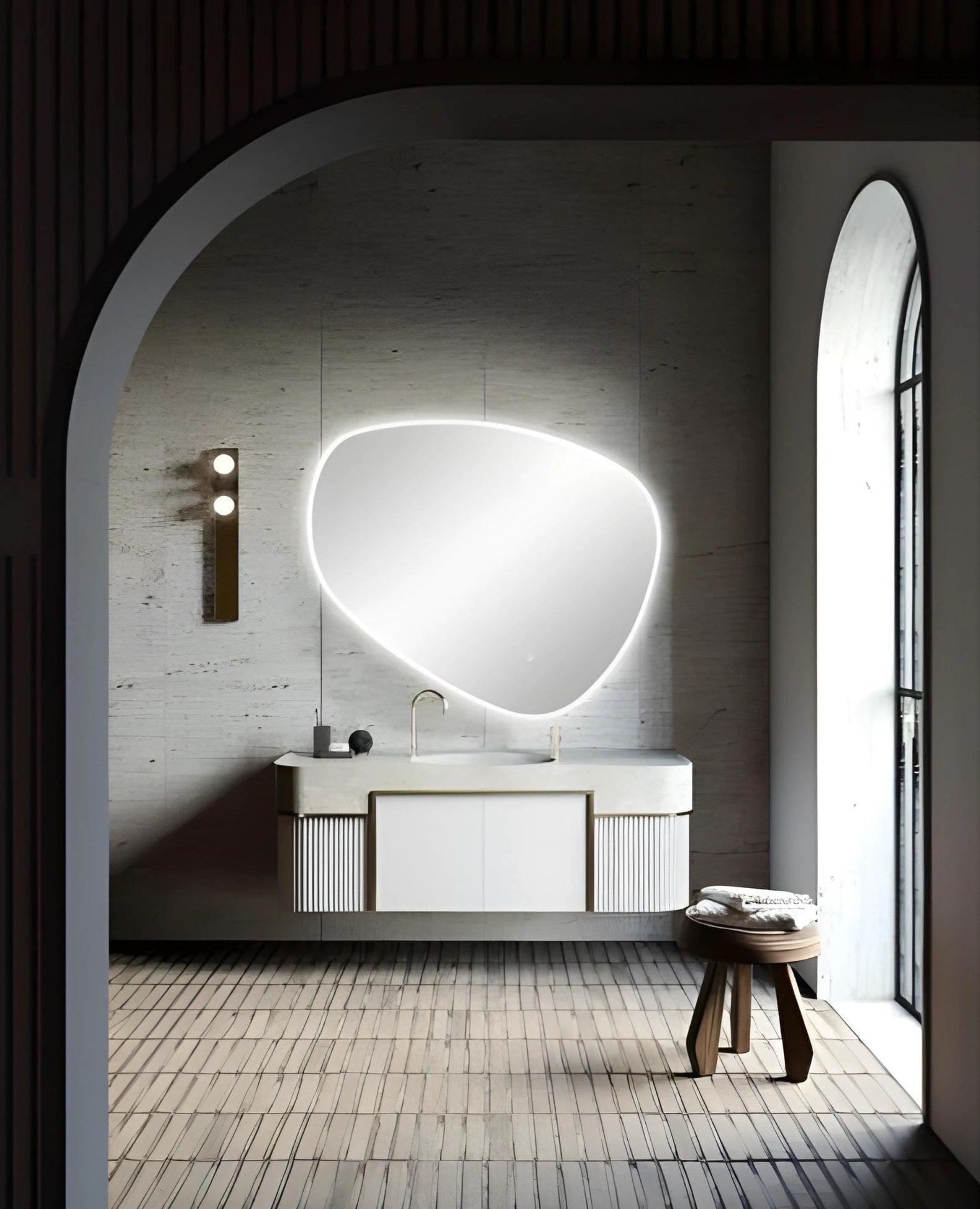 AQUAPERLA ASYMMETRICAL ACRYLIC LED MIRROR 3 COLOUR LIGHTS CHROME 1000X844MM