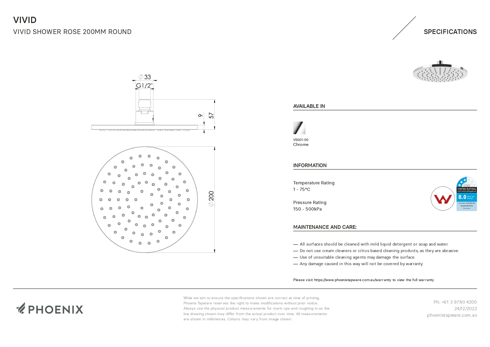 PHOENIX VIVID SHOWER ROSE ROUND 200MM CHROME