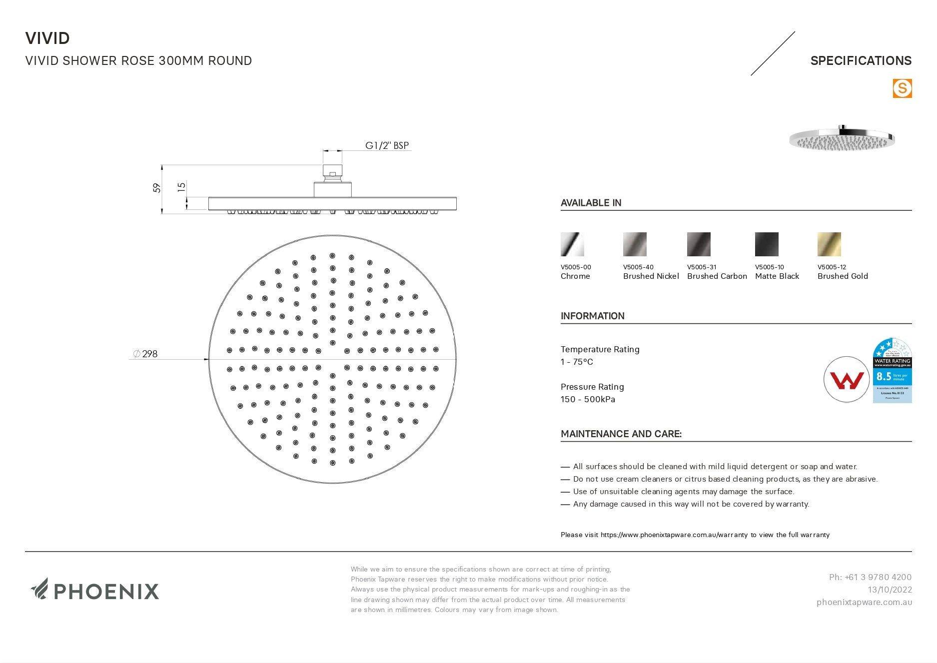 PHOENIX VIVID SHOWER ROSE ROUND 300MM CHROME