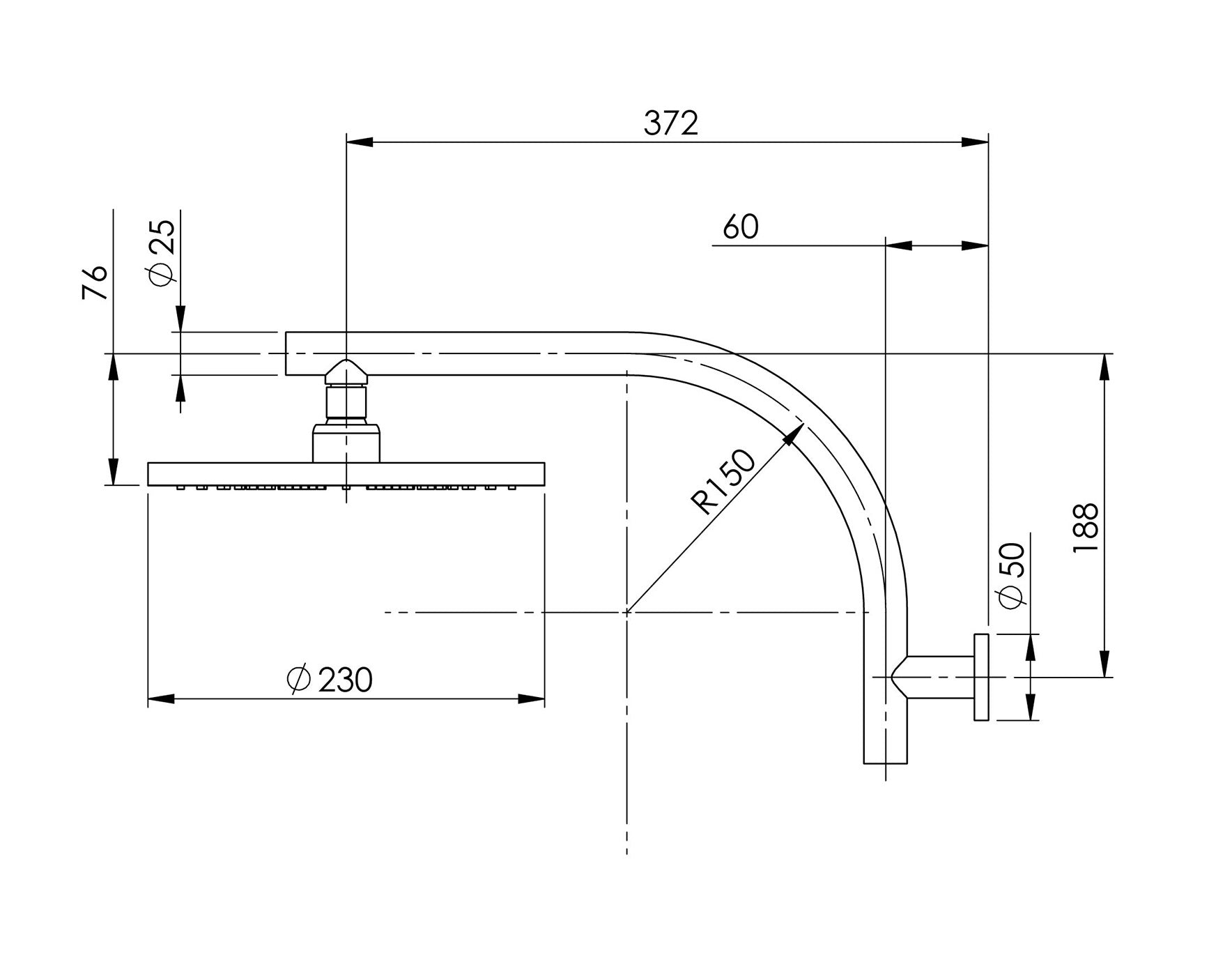 PHOENIX VIVID HIGH-RISE SHOWER ARM AND ROUND ROSE 230MM CHROME