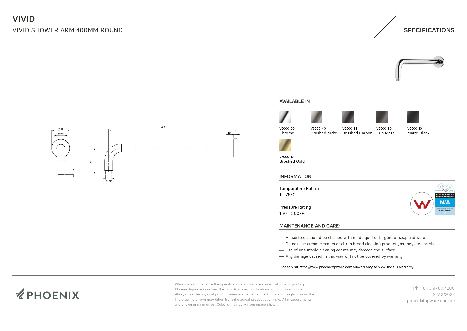 PHOENIX VIVID SHOWER ARM ROUND 400MM BRUSHED NICKEL